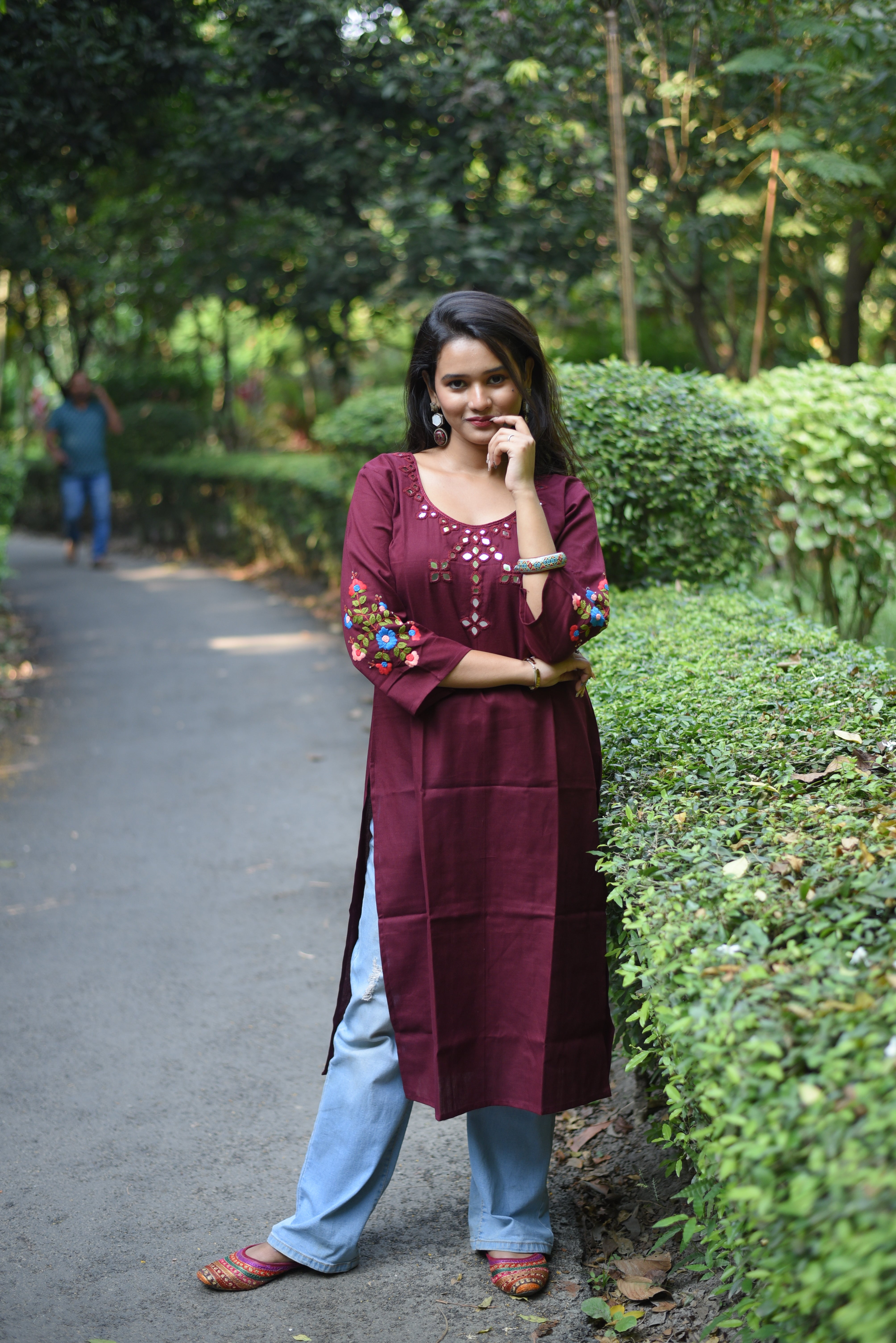 Maroon Color Mirror Work Hand Embroidery Cotton Kurta
