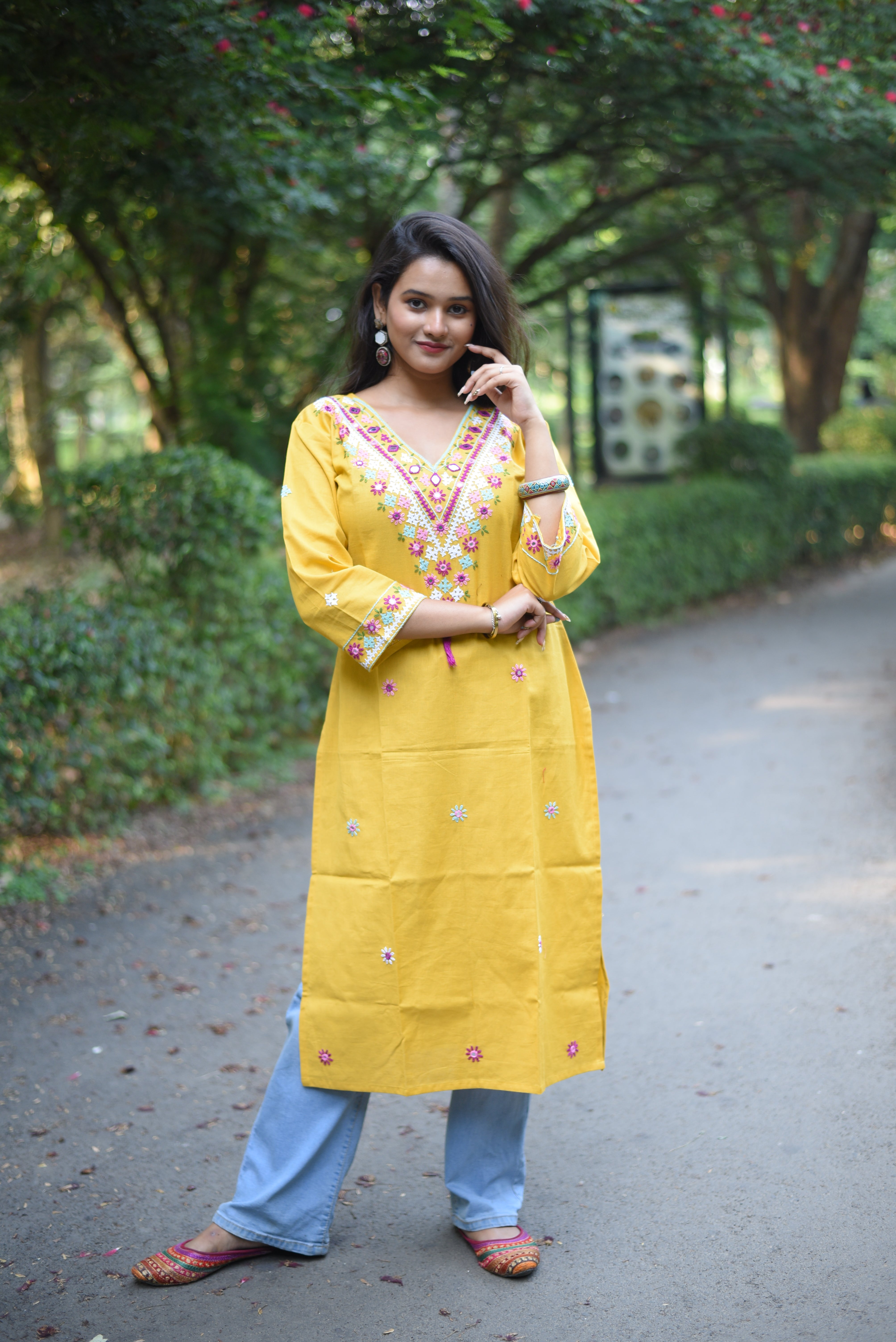 Yellow Color Kutch Hand Embroidered Cotton Kurta