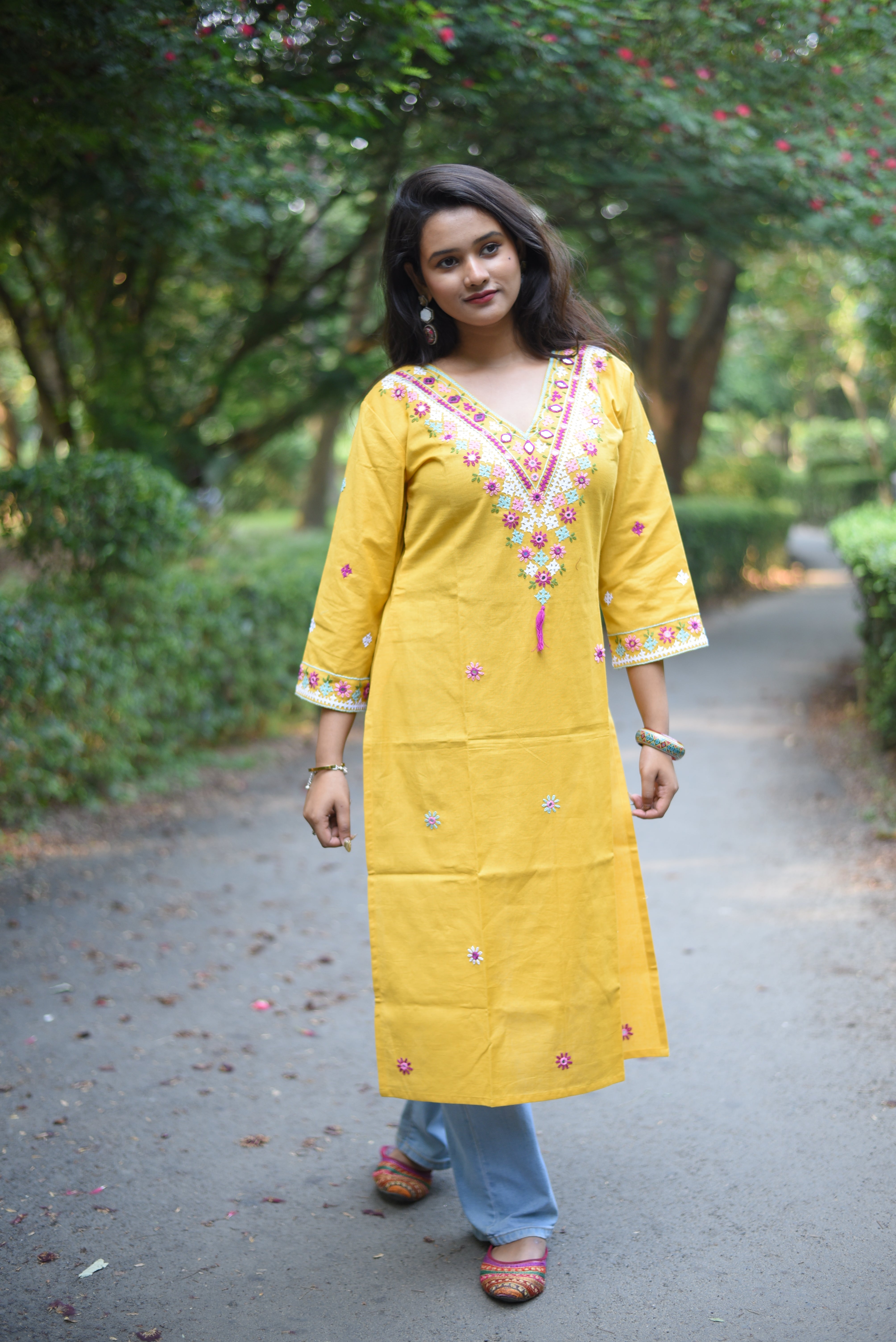 Yellow Color Kutch Hand Embroidered Cotton Kurta