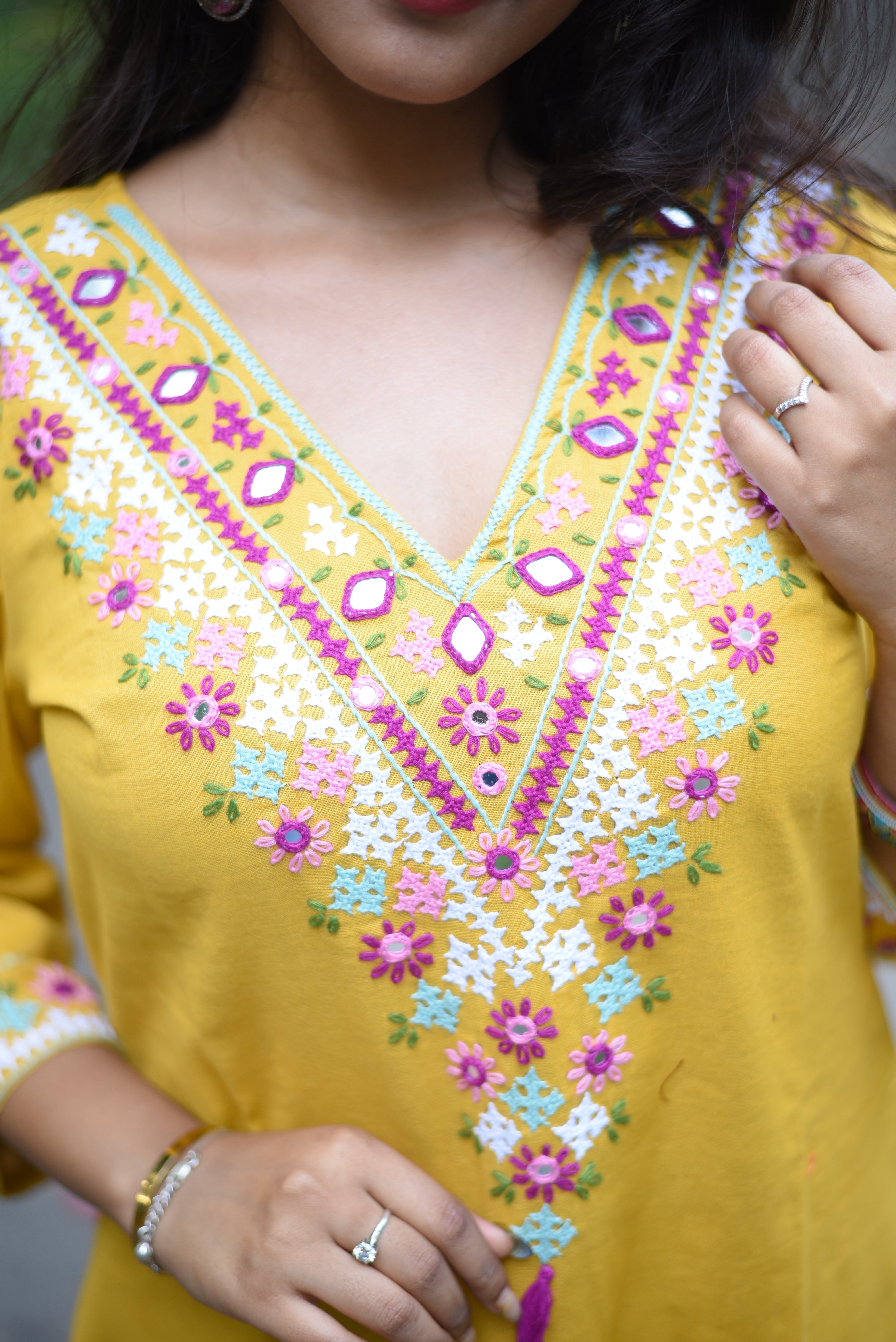 Yellow Color Kutch Hand Embroidered Cotton Kurta