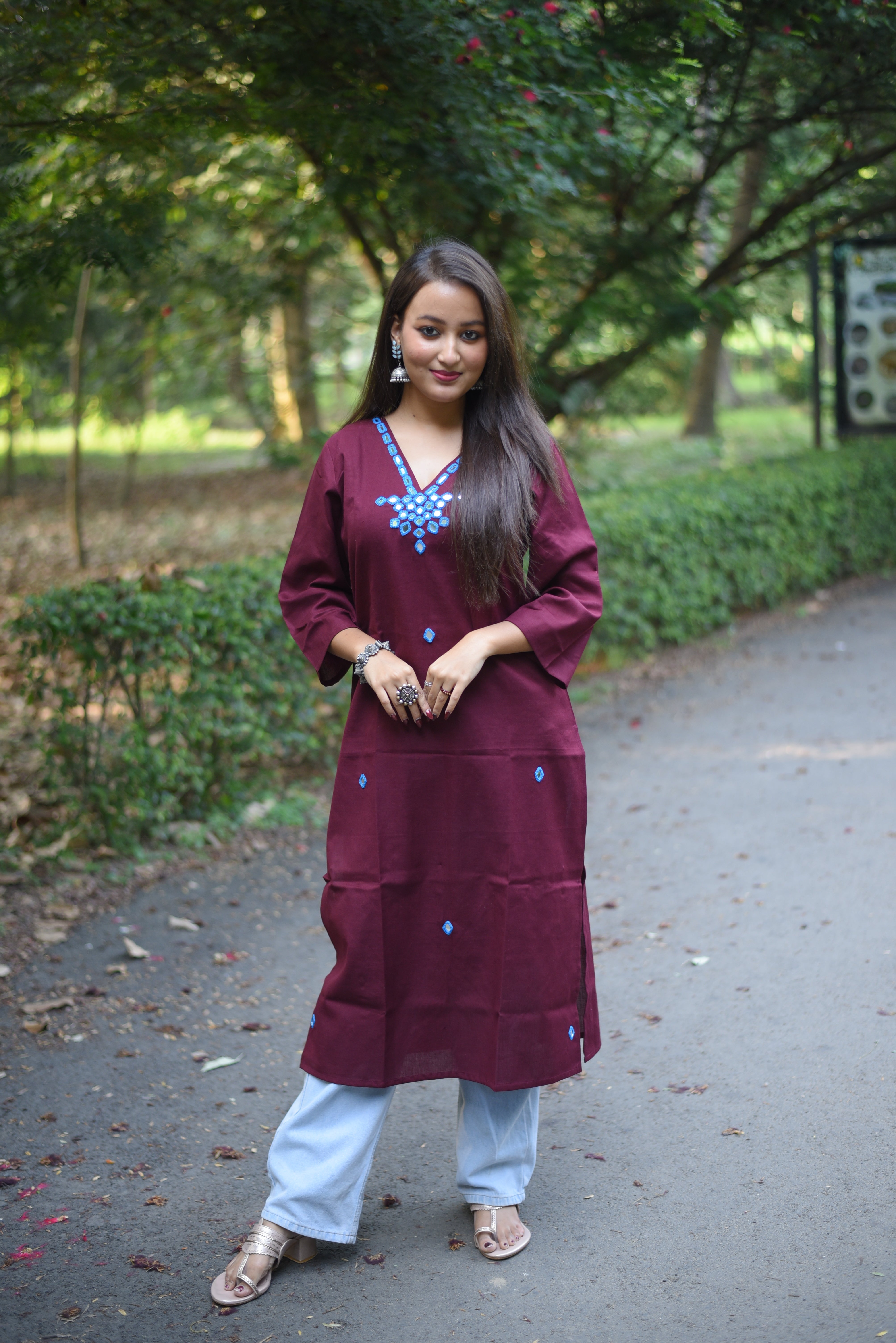 Maroon Mirror Hand Embroidery Work Cotton Kurta