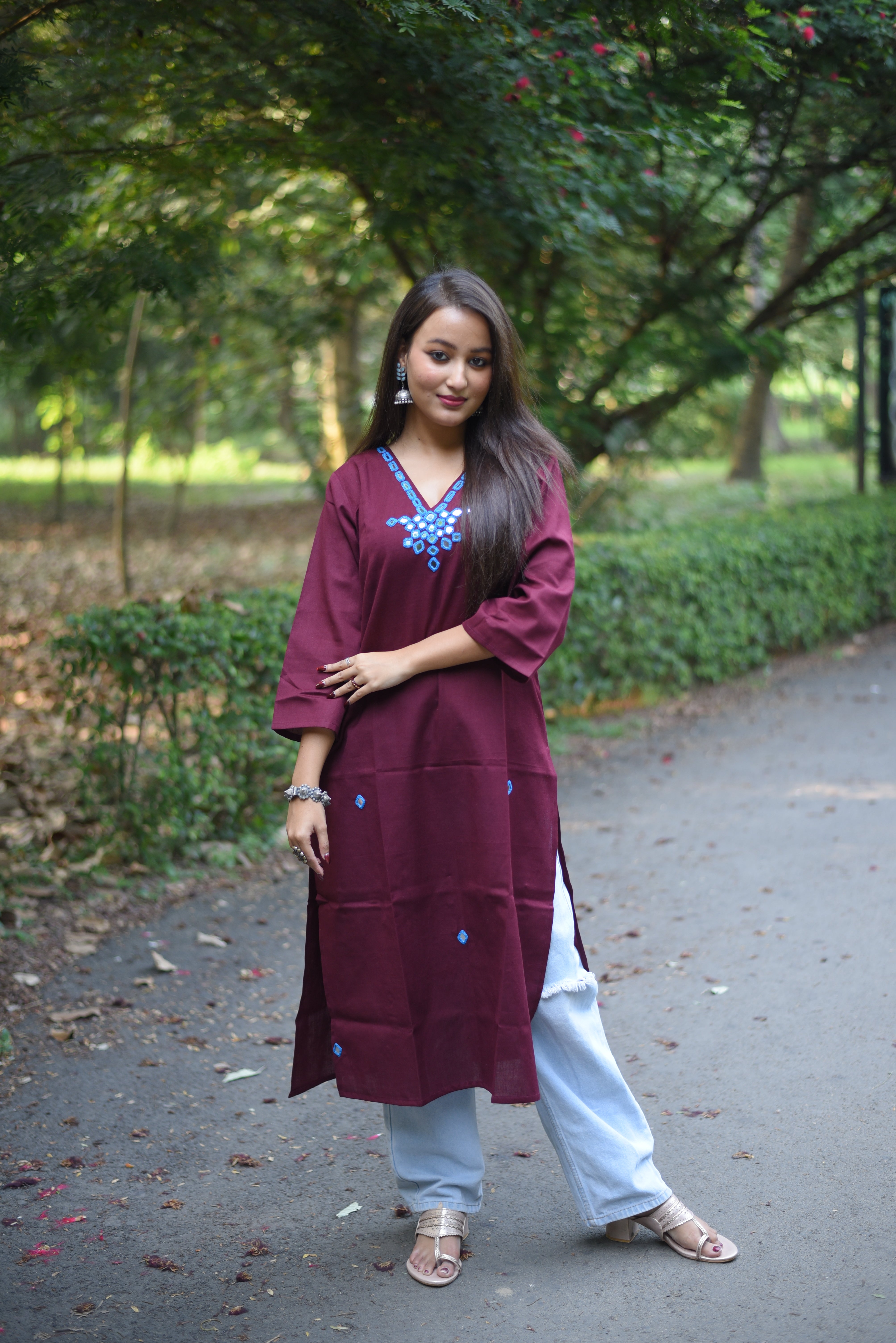 Maroon Mirror Hand Embroidery Work Cotton Kurta