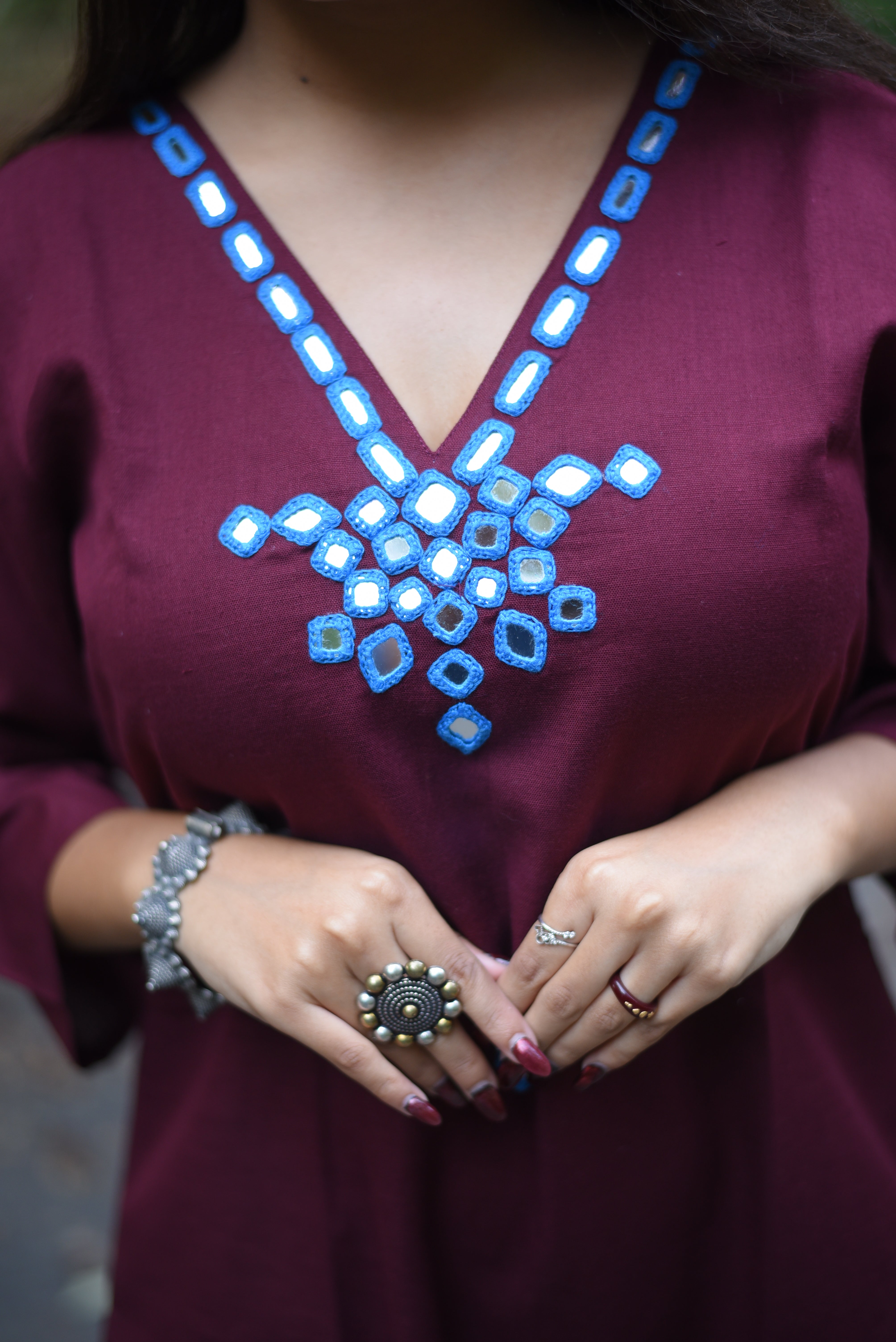 Maroon Mirror Hand Embroidery Work Cotton Kurta