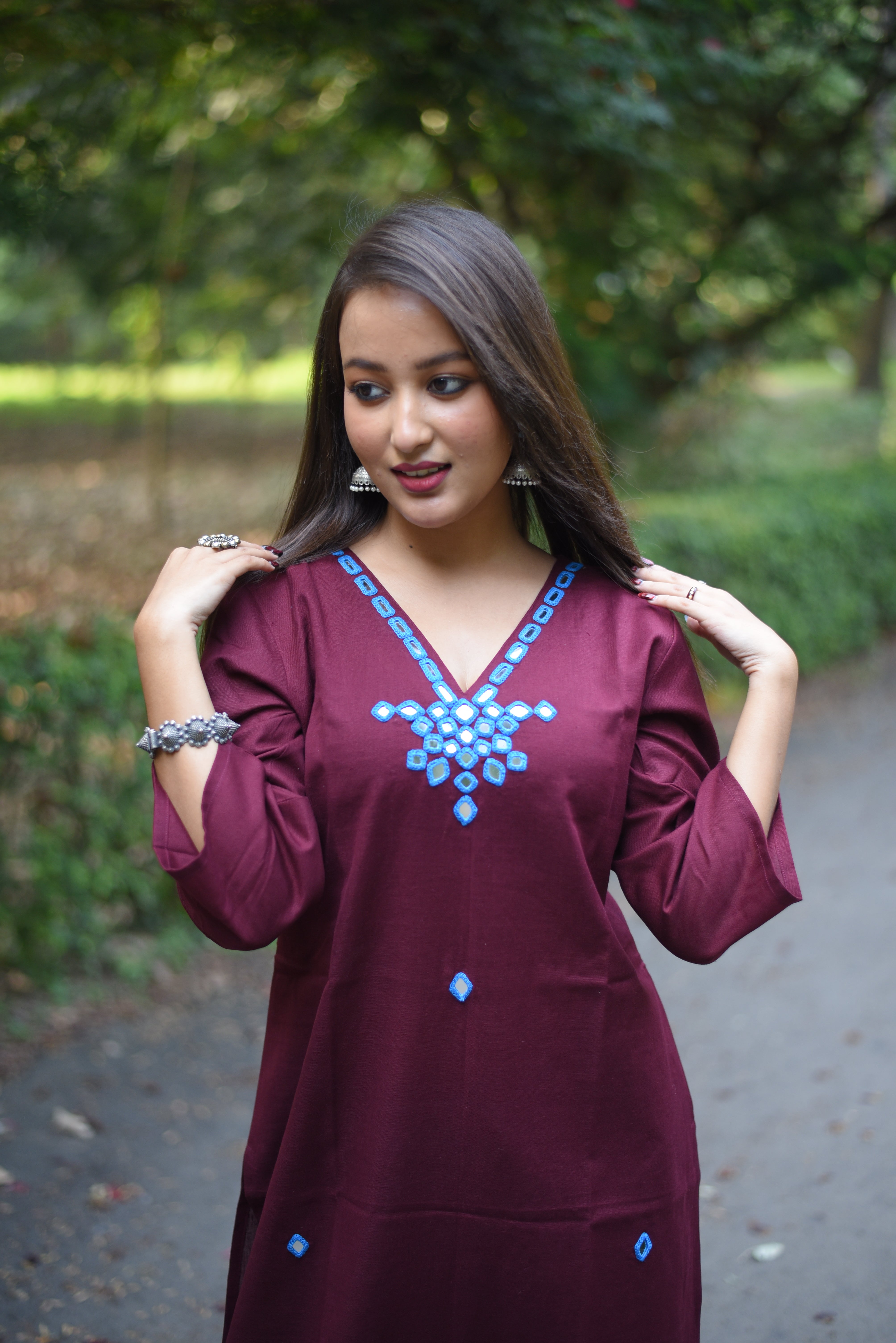 Maroon Mirror Hand Embroidery Work Cotton Kurta