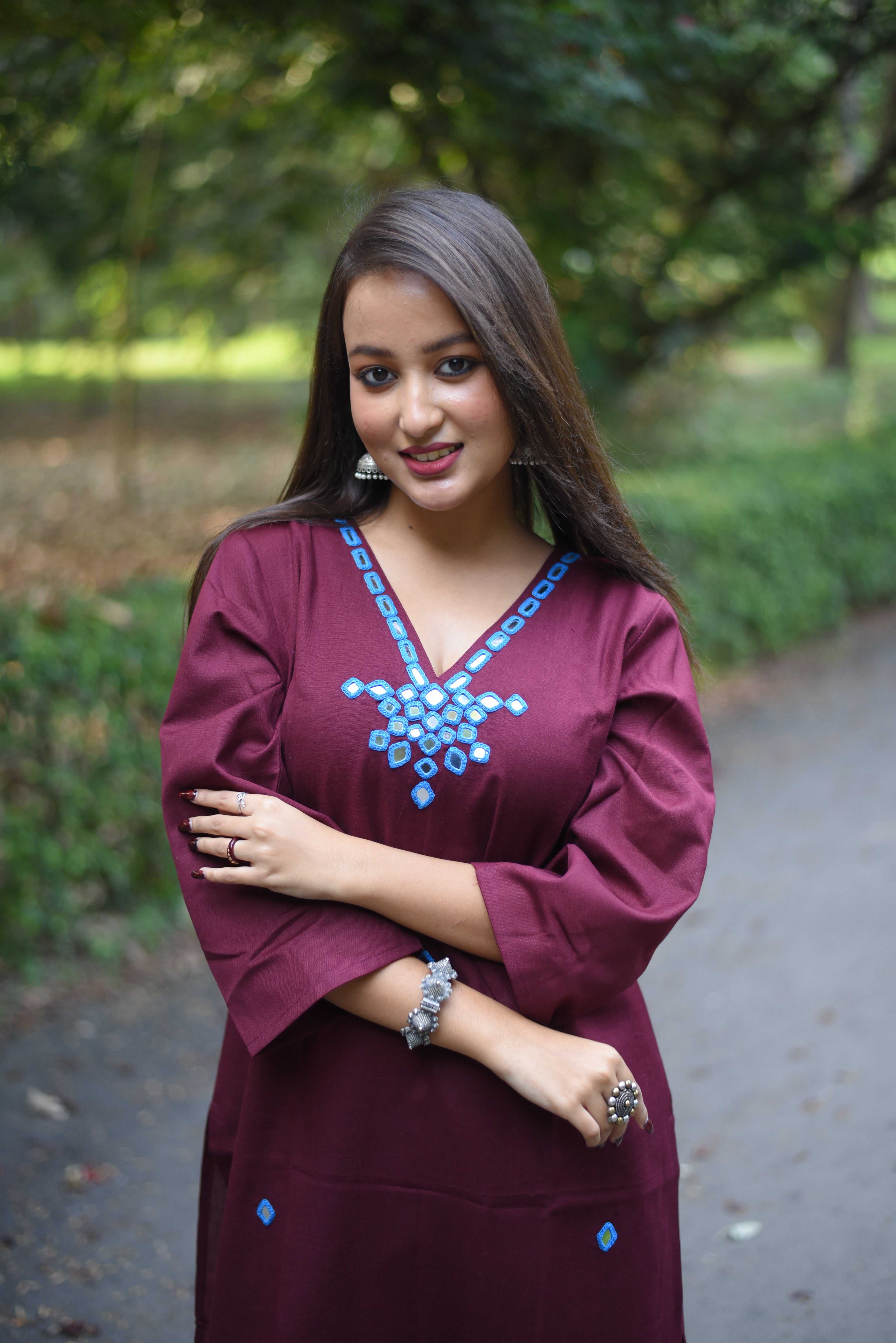 Maroon Mirror Hand Embroidery Work Cotton Kurta