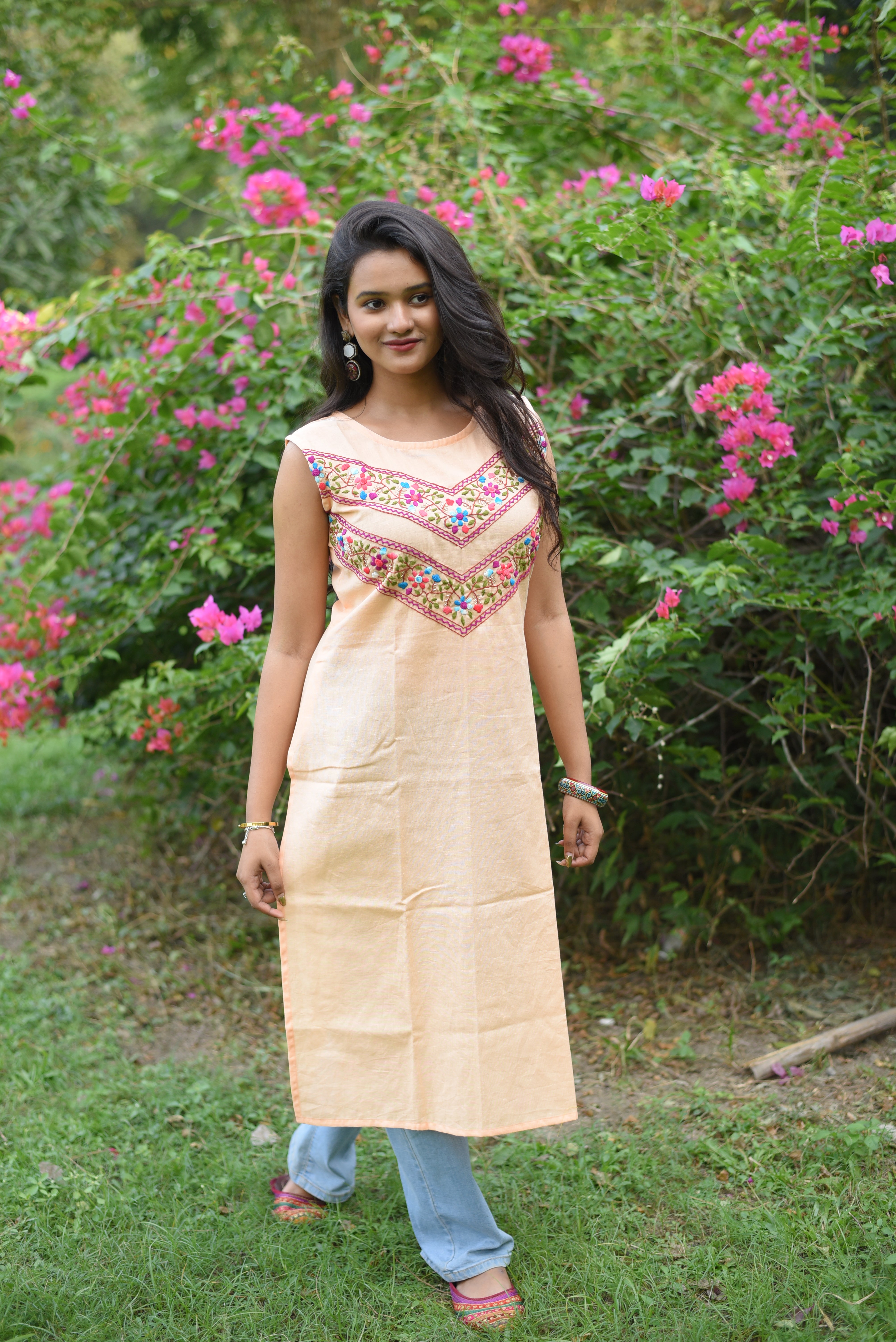 Peach Color Hand Embroidered Cotton Kurta