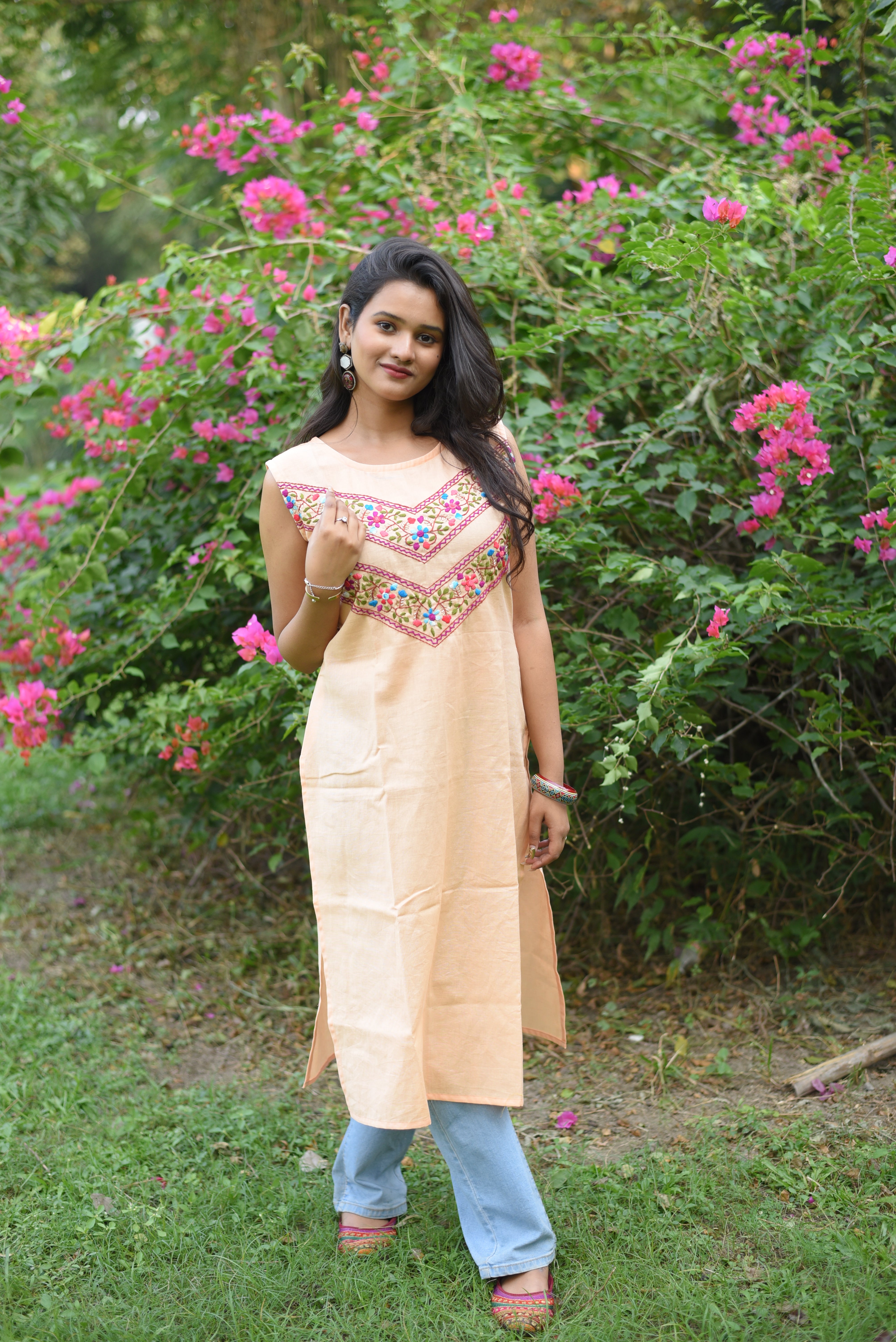 Peach Color Hand Embroidered Cotton Kurta