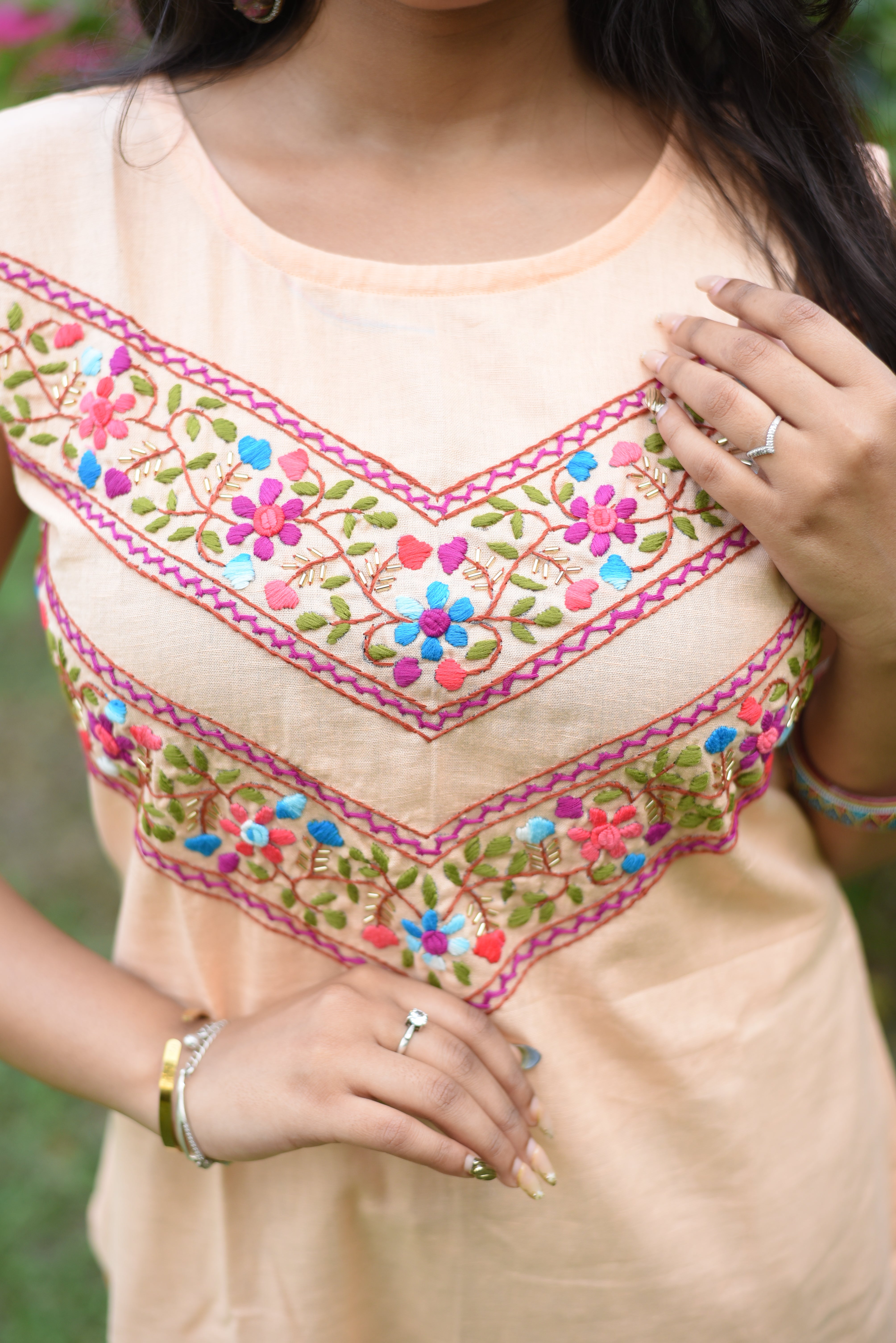 Peach Color Hand Embroidered Cotton Kurta