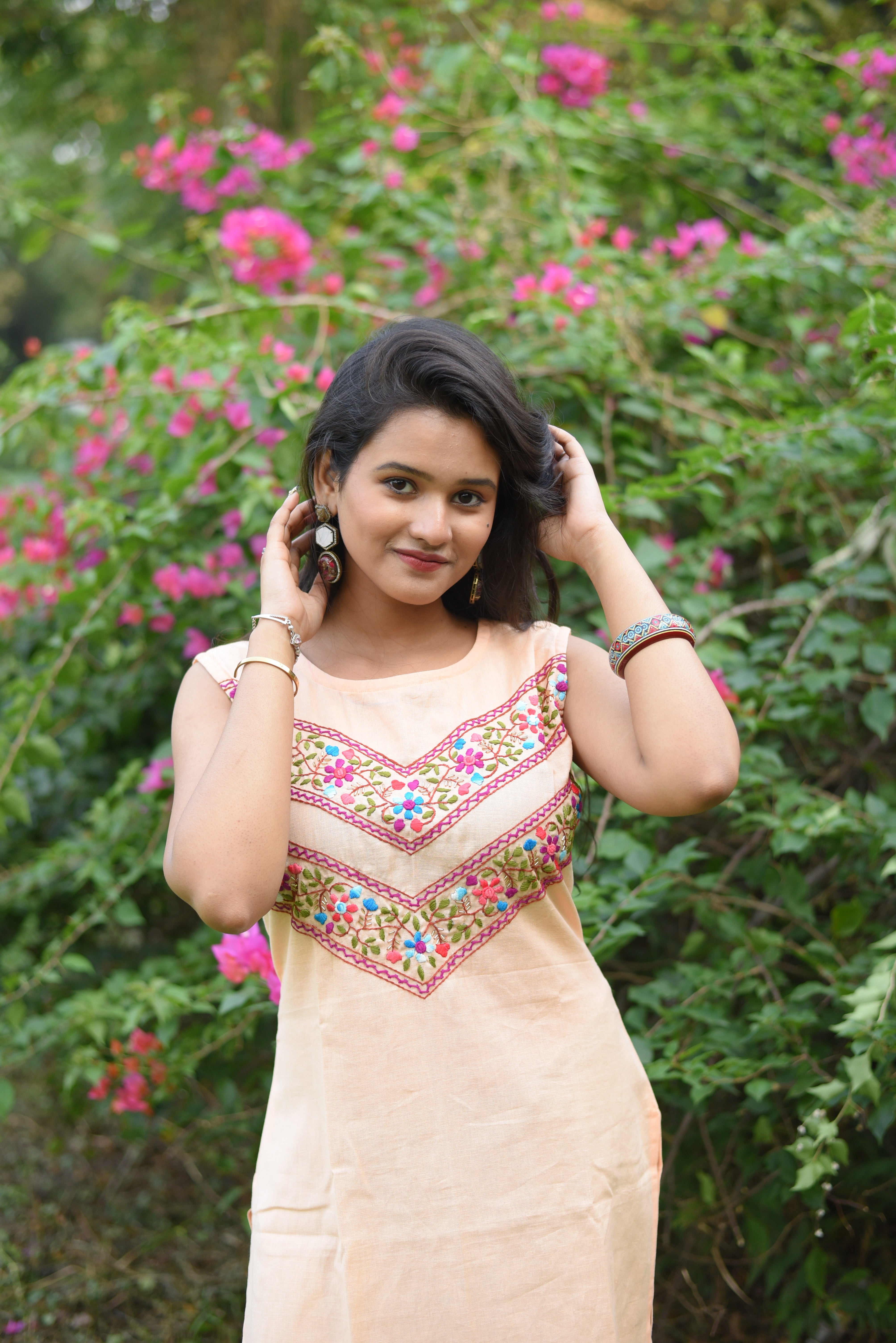 Peach Color Hand Embroidered Cotton Kurta