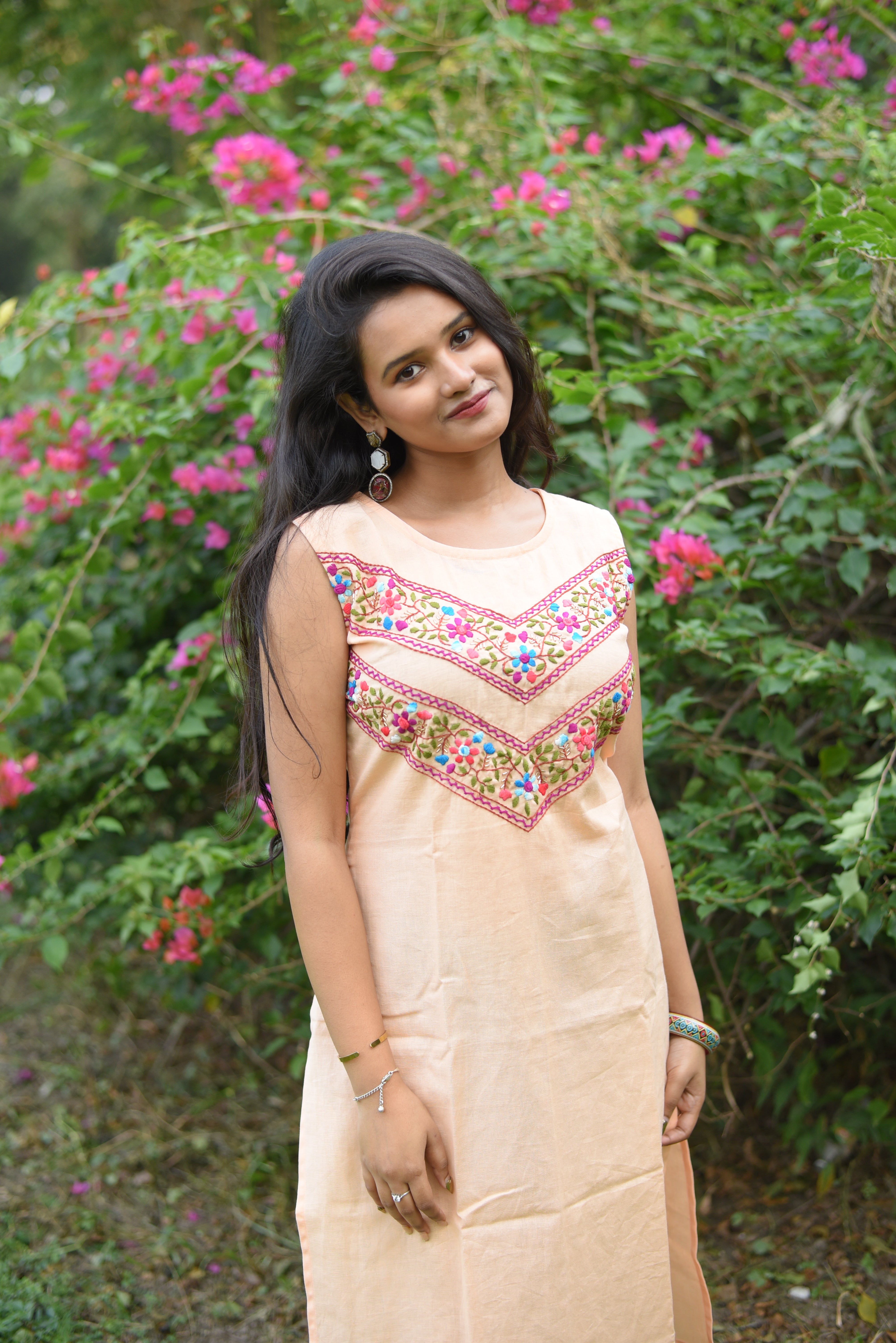 Peach Color Hand Embroidered Cotton Kurta