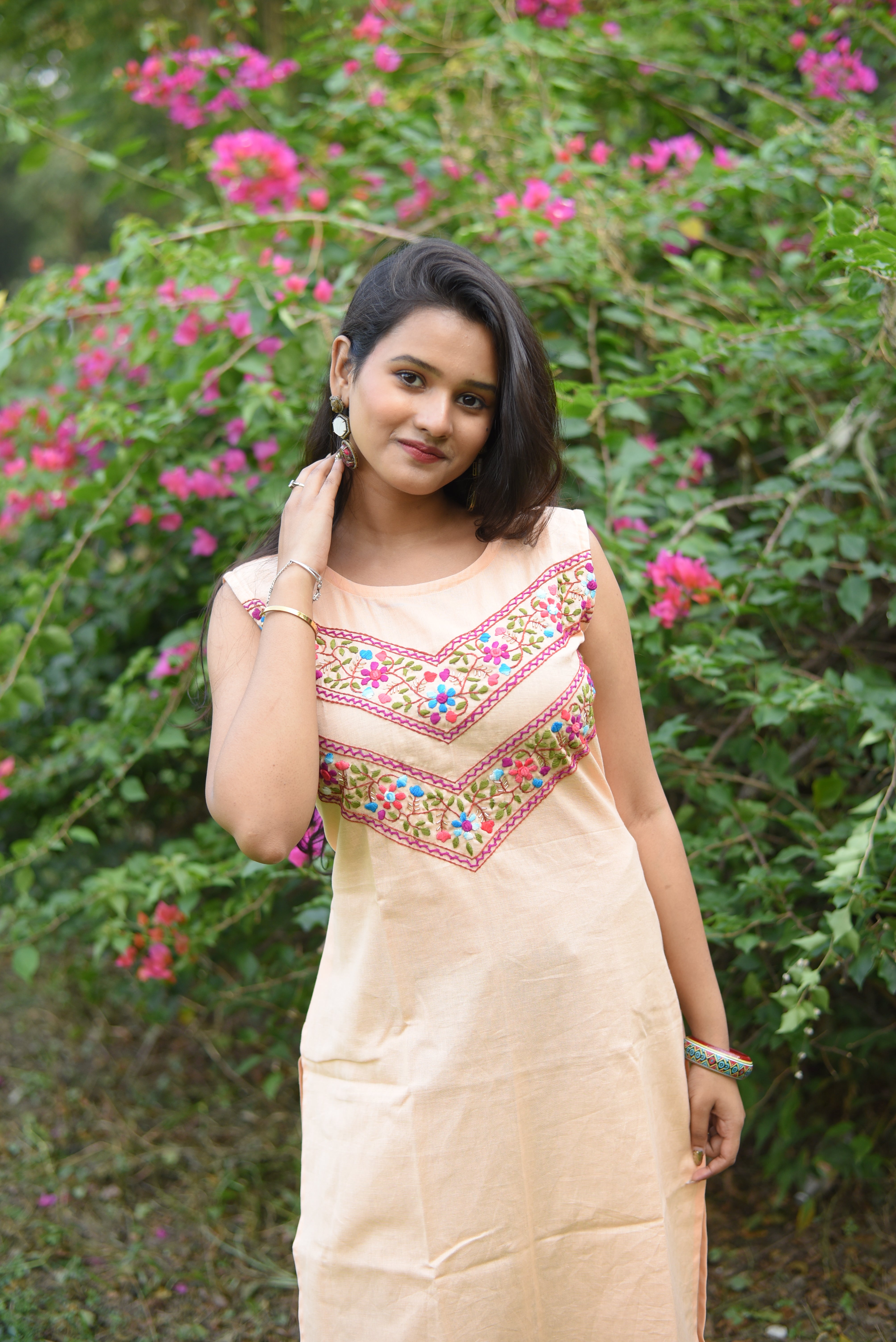 Peach Color Hand Embroidered Cotton Kurta