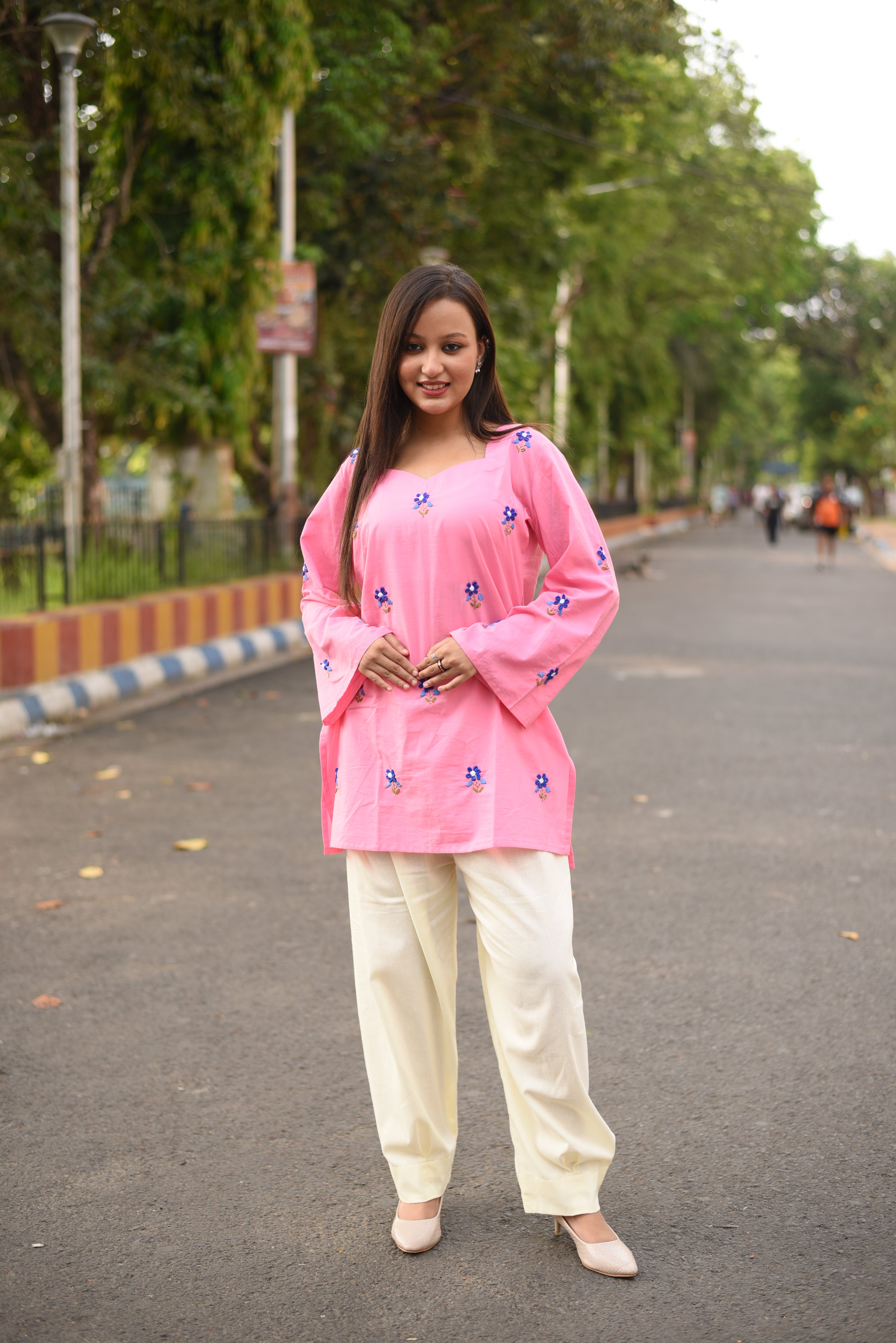 Pink Hand Embroidered Cotton Short Kurti
