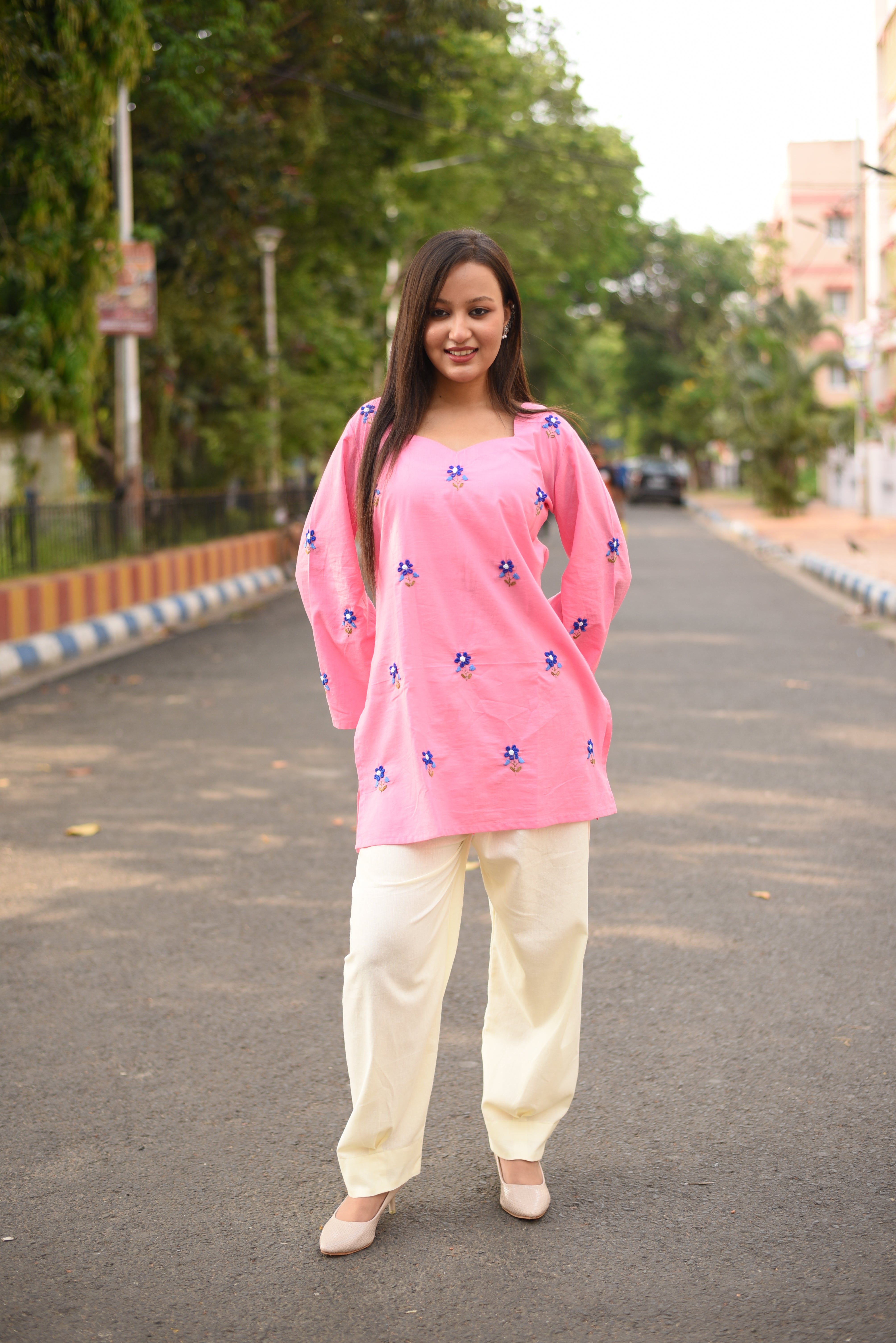 Pink Hand Embroidered Cotton Short Kurti