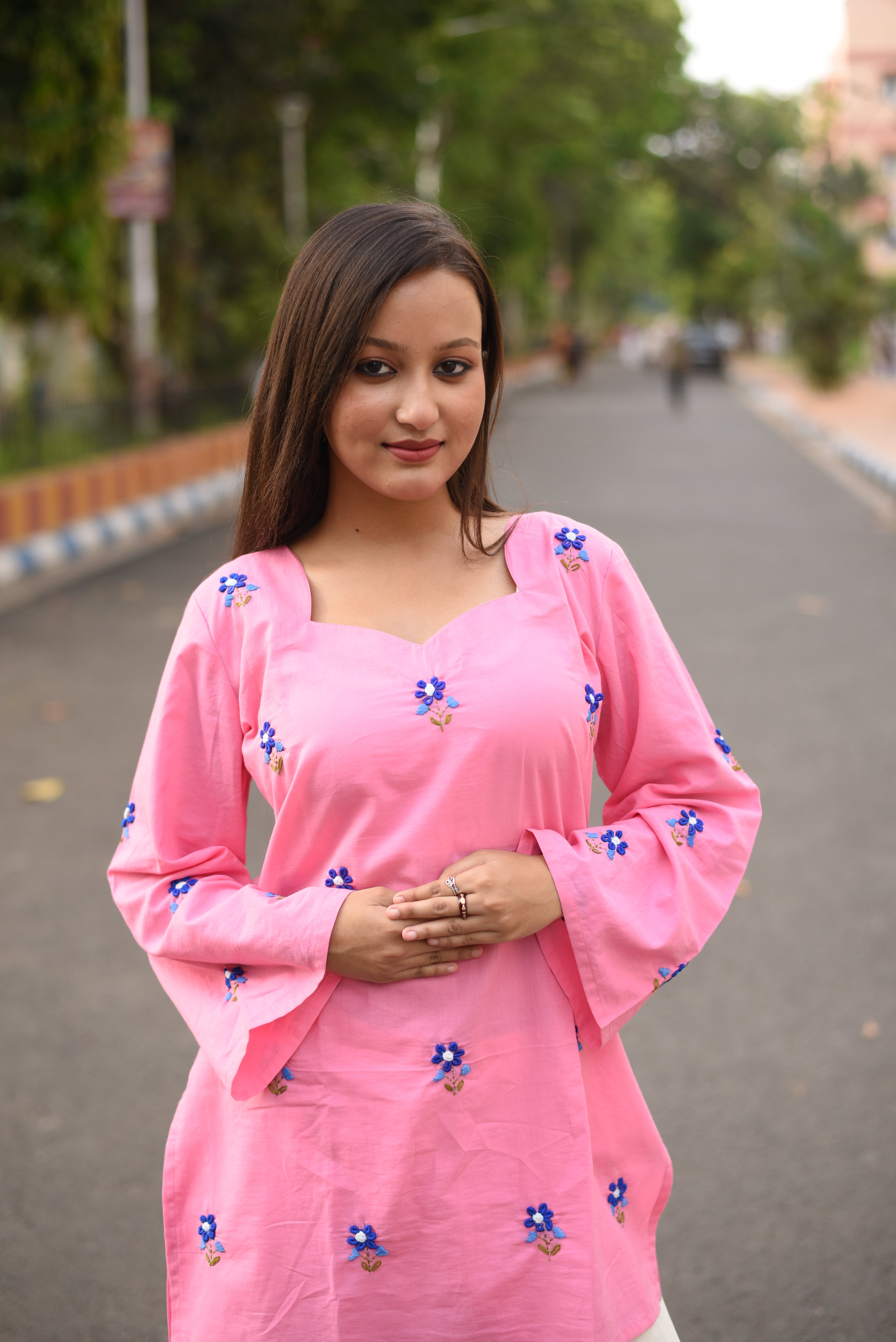 Pink Hand Embroidered Cotton Short Kurti