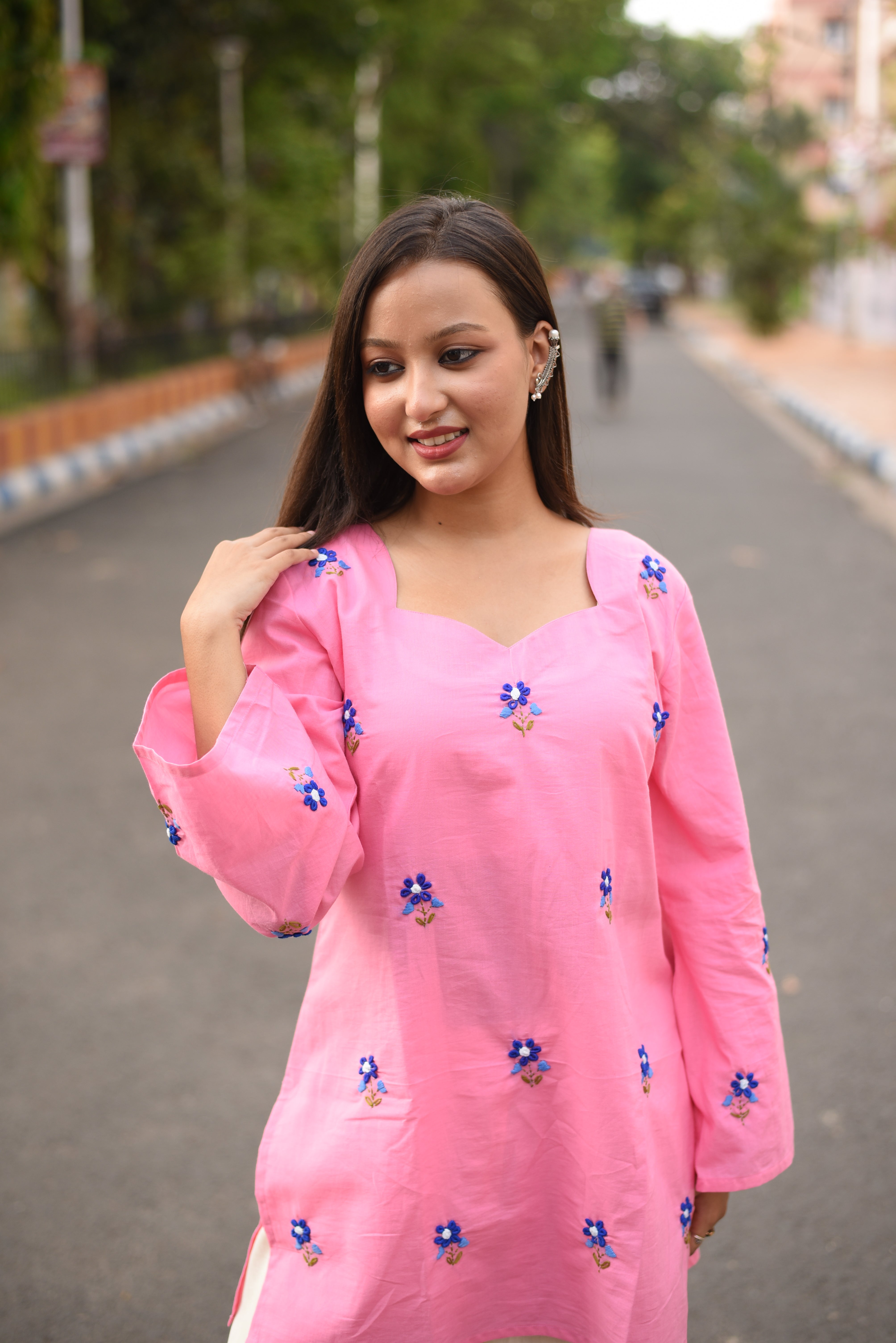 Pink Hand Embroidered Cotton Short Kurti