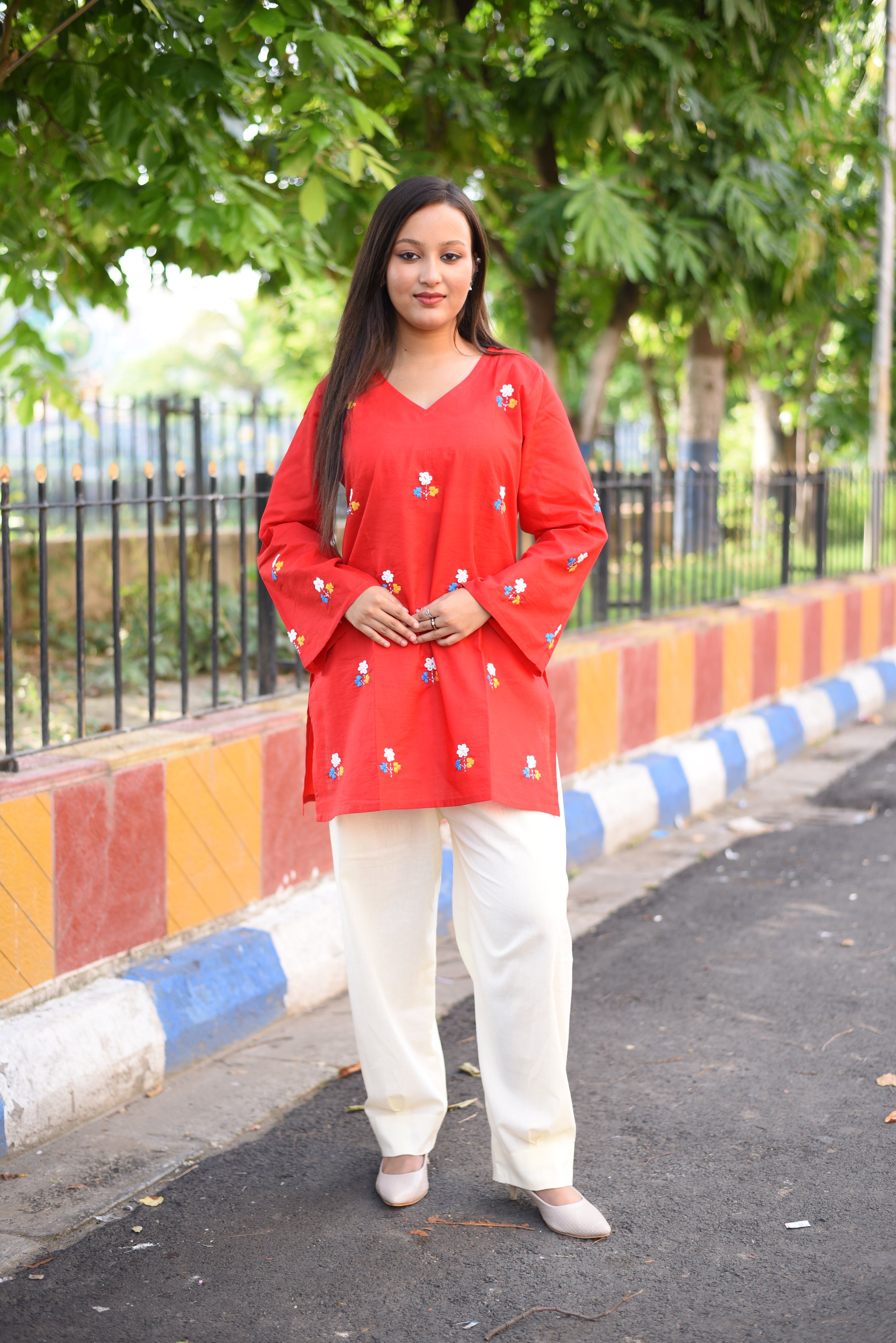 Red Floral Hand Embroidered Cotton Co-ord Sets