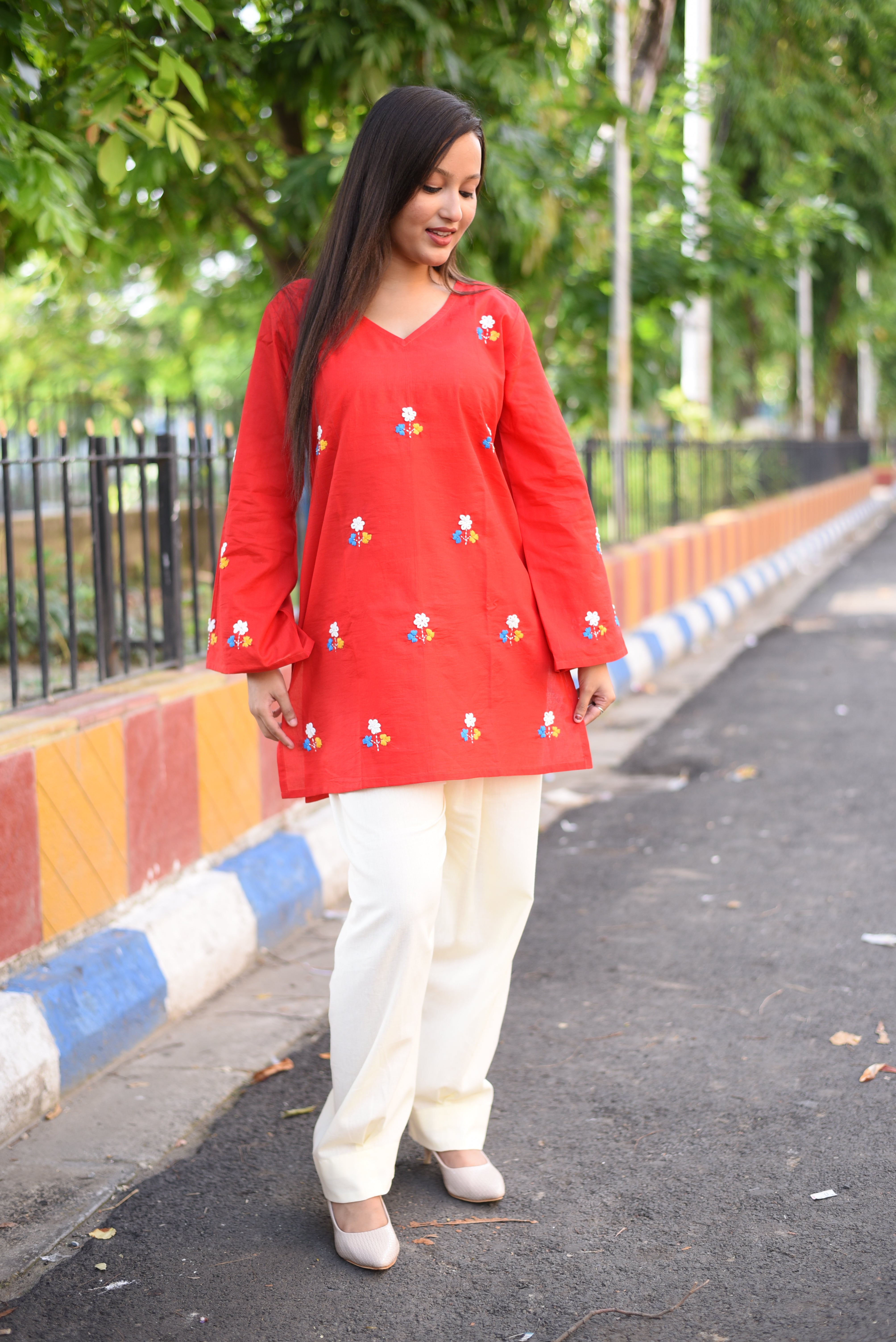 Red Floral Hand Embroidered Cotton Short Kurti