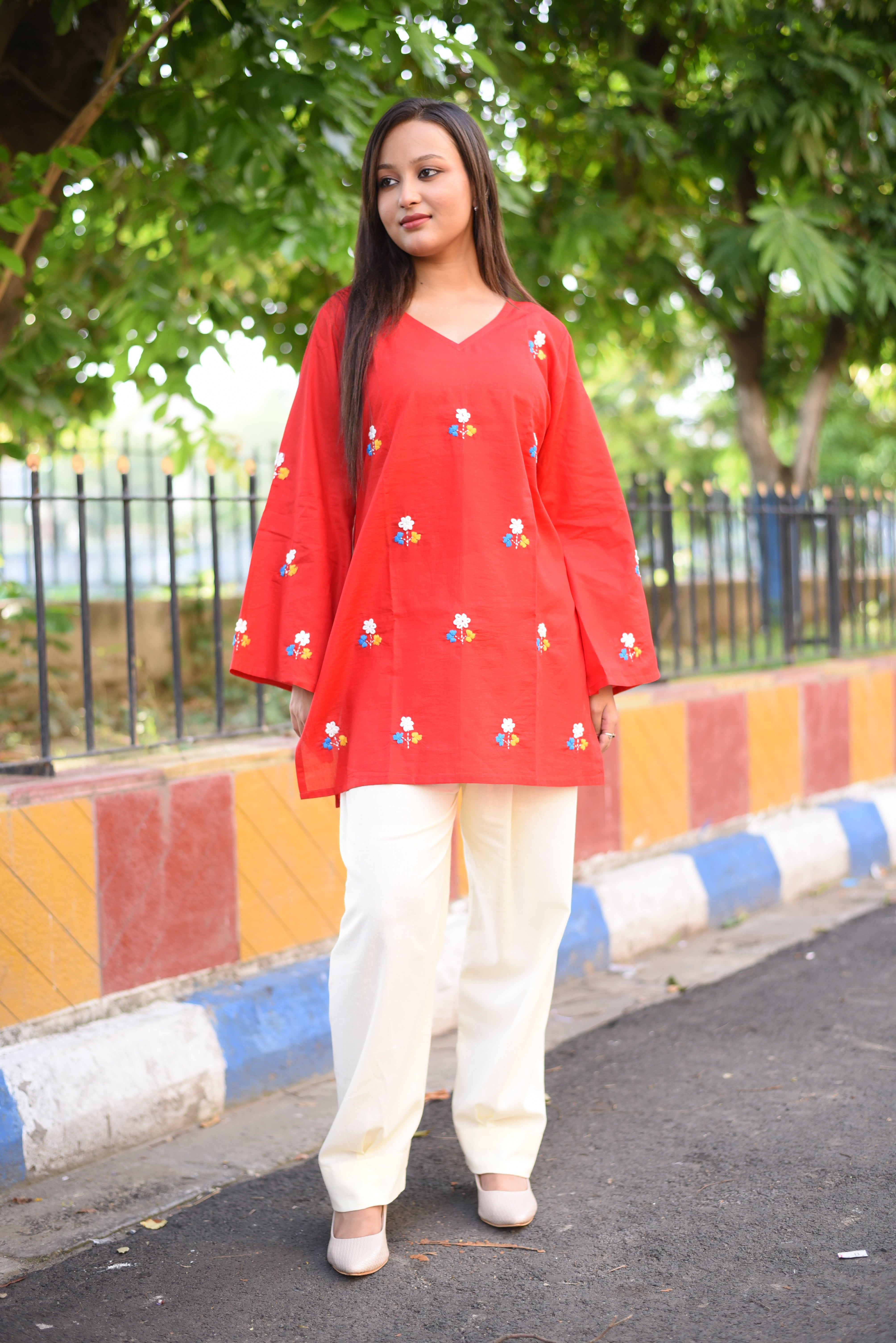 Red Floral Hand Embroidered Cotton Co-ord Sets