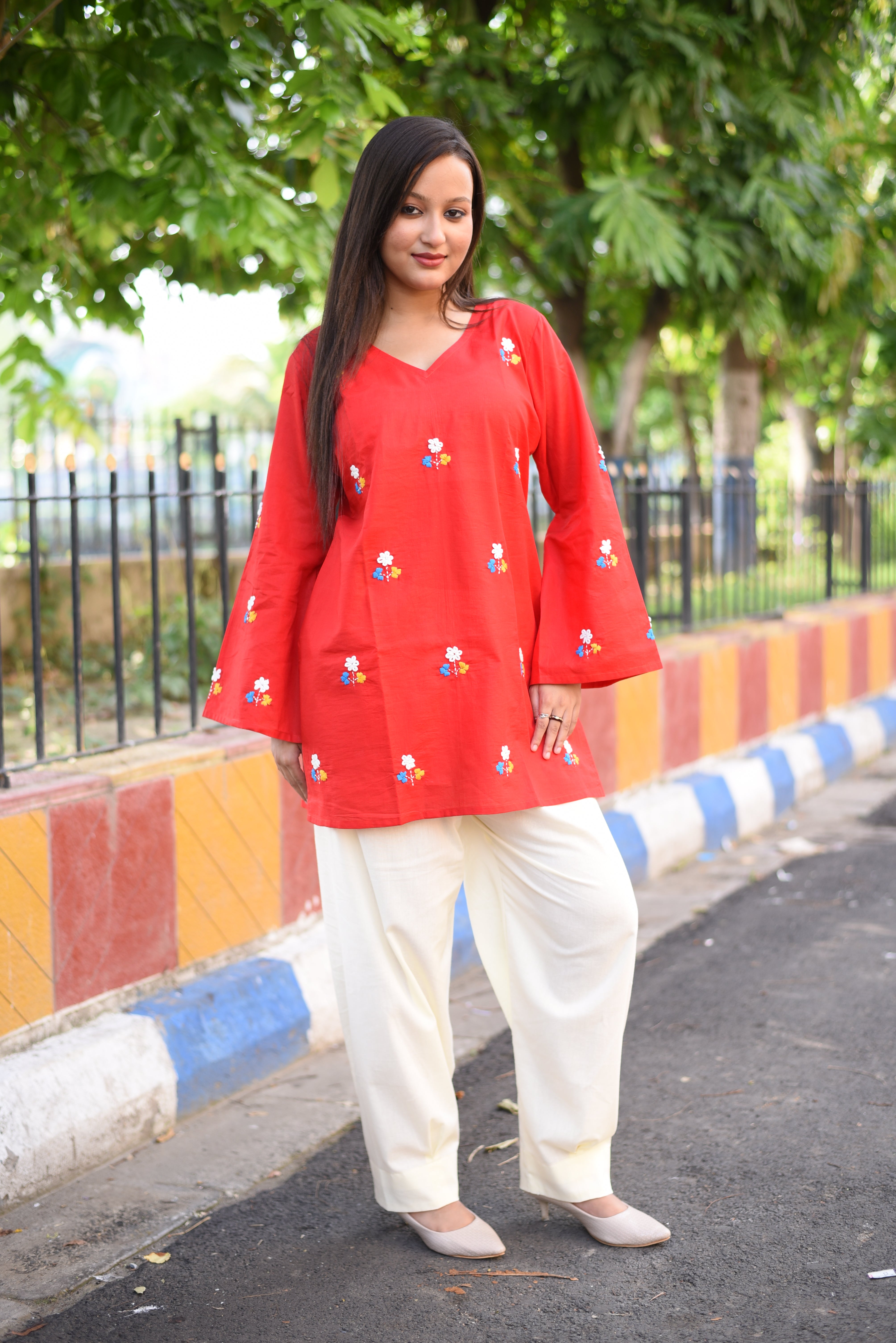 Red Floral Hand Embroidered Cotton Short Kurti