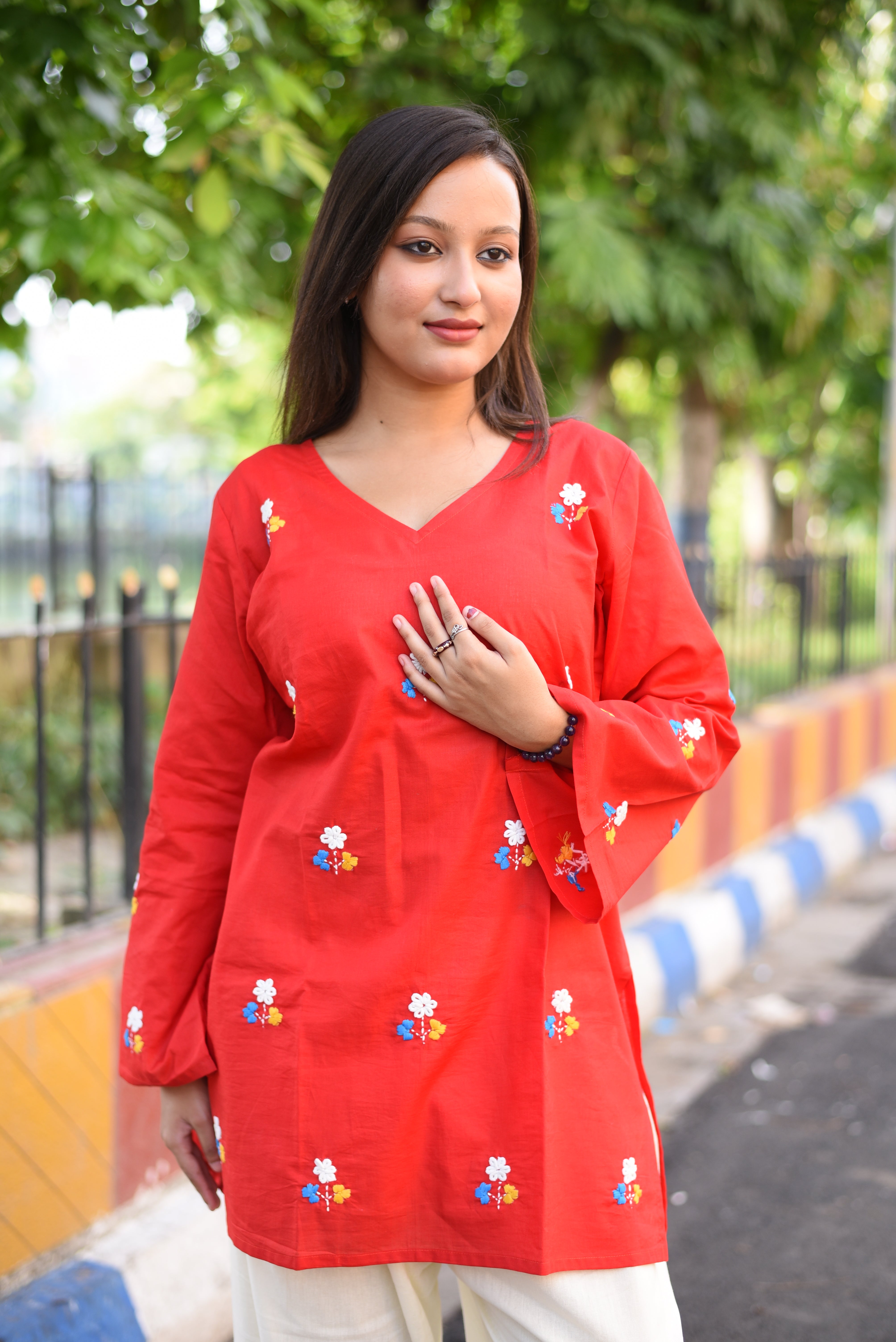 Red Floral Hand Embroidered Cotton Short Kurti