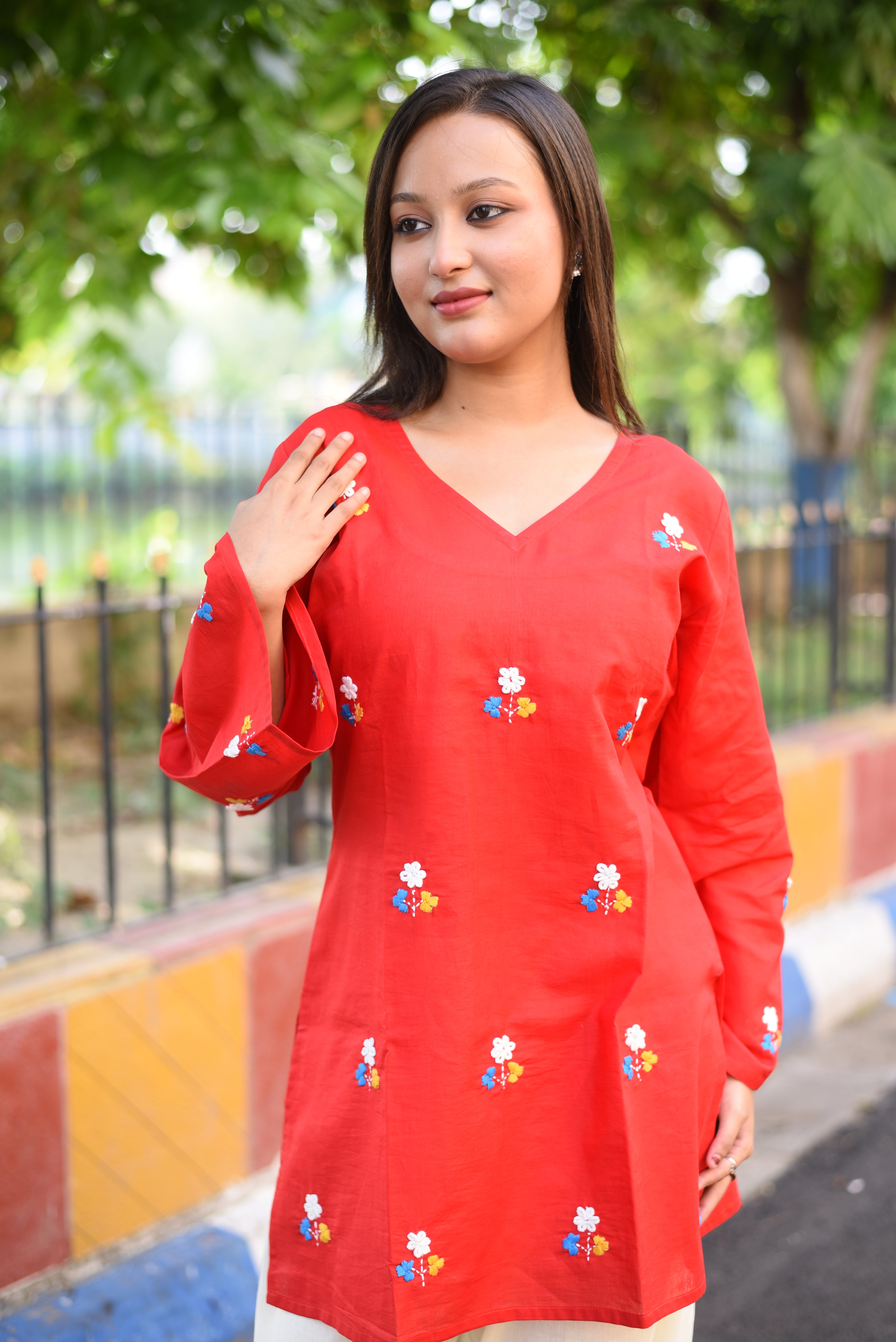 Red Floral Hand Embroidered Cotton Short Kurti