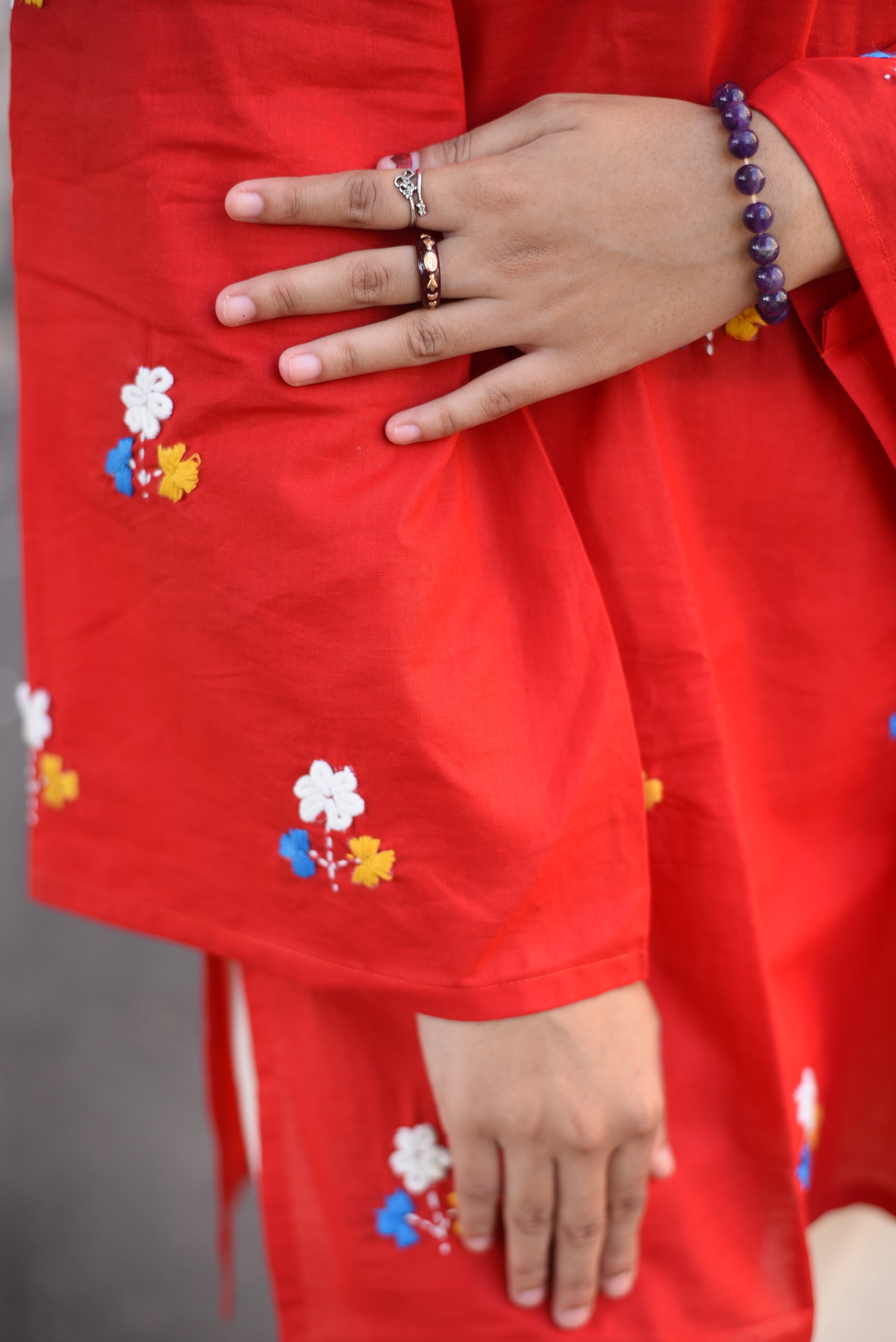 Red Floral Hand Embroidered Cotton Short Kurti