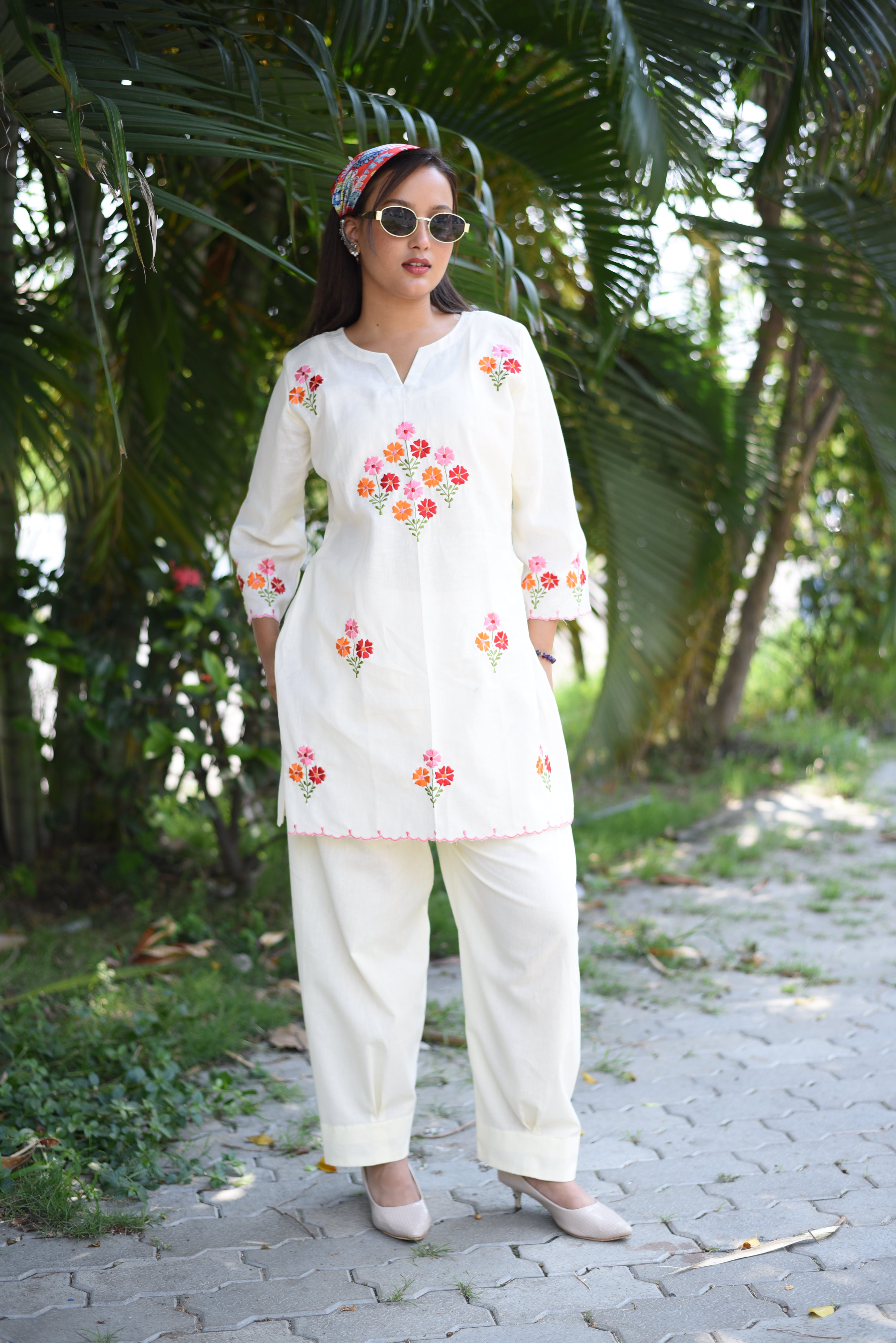 Off White Cotton Embroidered Farshi Co-ord Sets