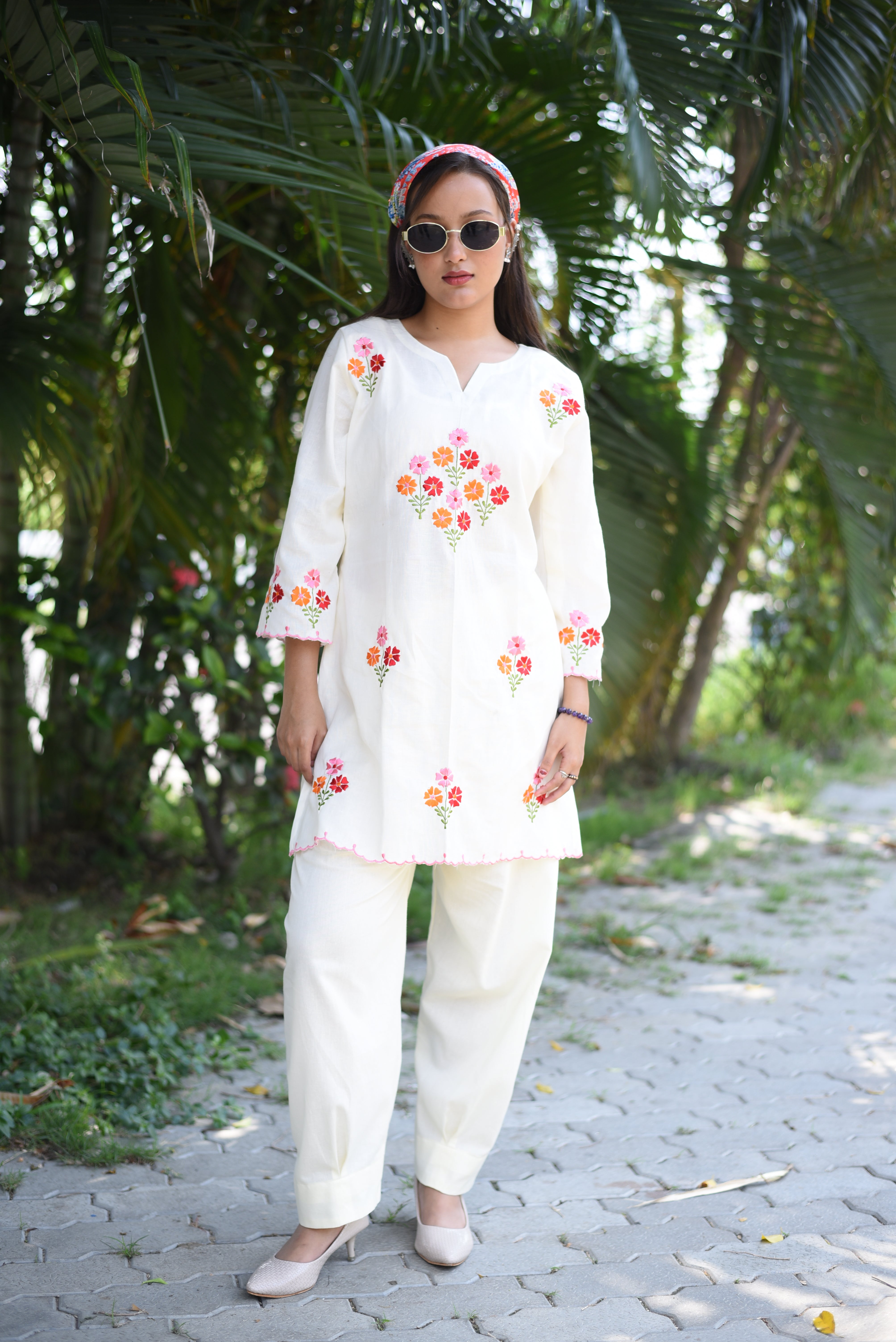 Off White Cotton Embroidered Farshi Co-ord Sets