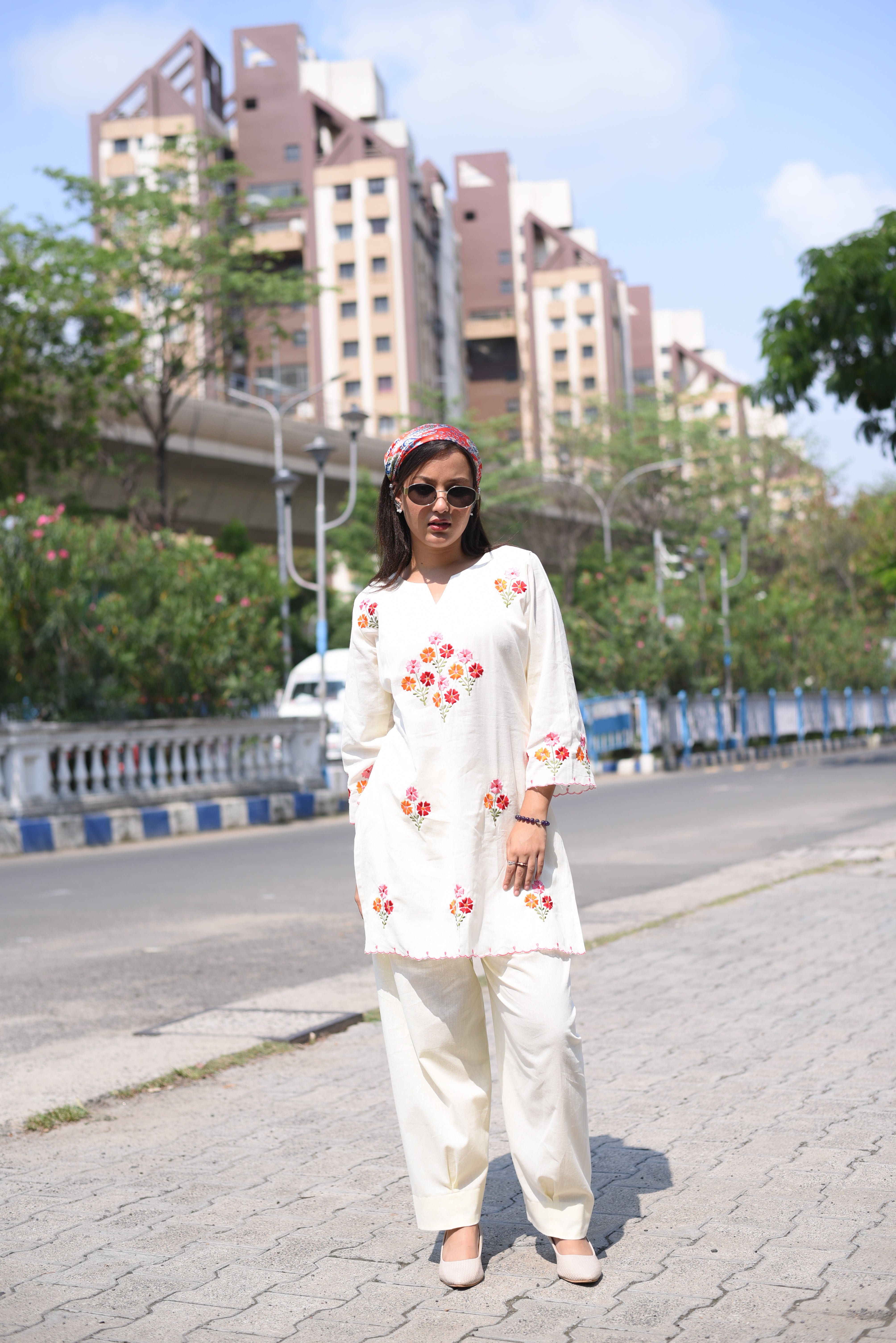 Off White Cotton Embroidered Farshi Co-ord Sets