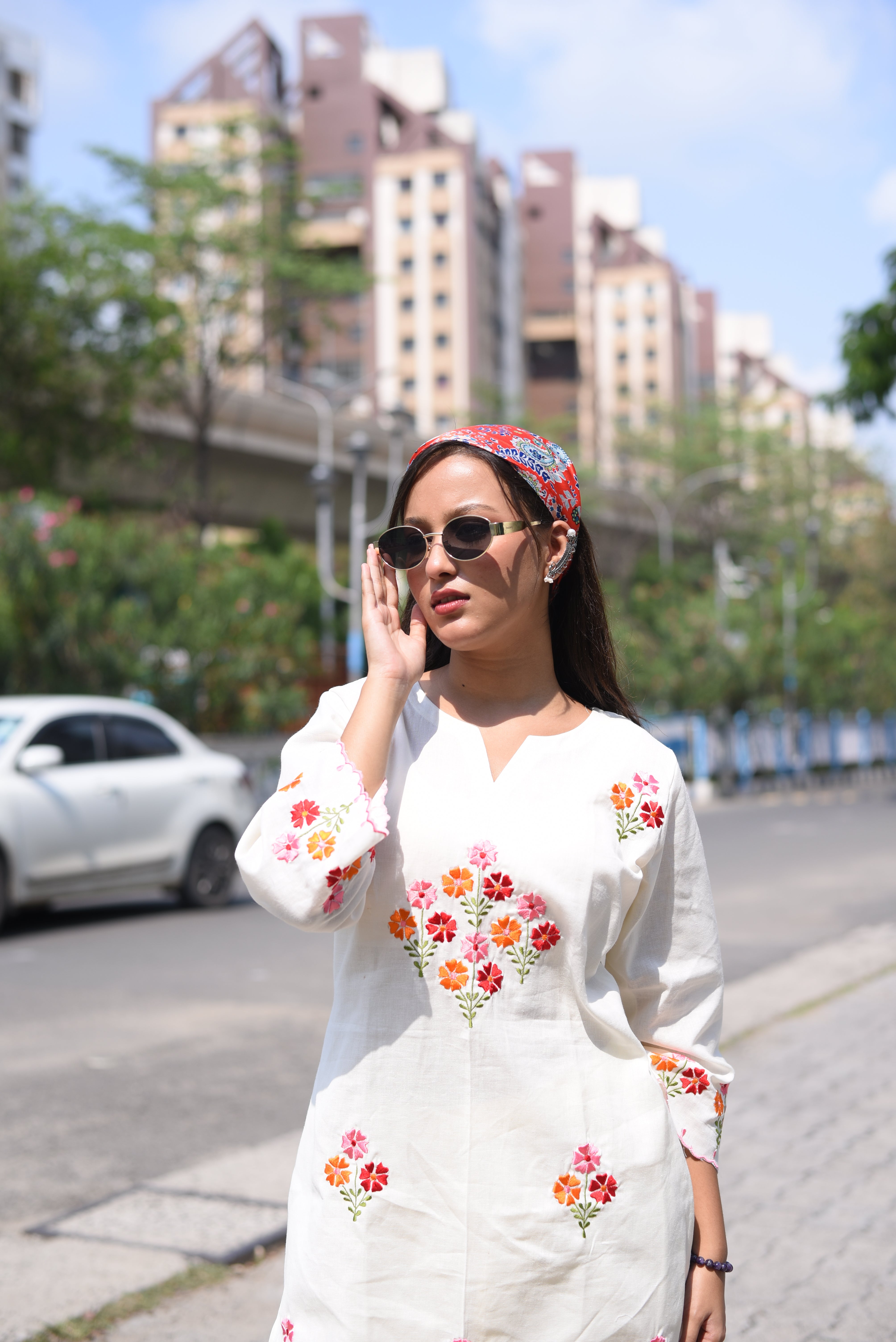 Off White Cotton Embroidered Farshi Co-ord Sets