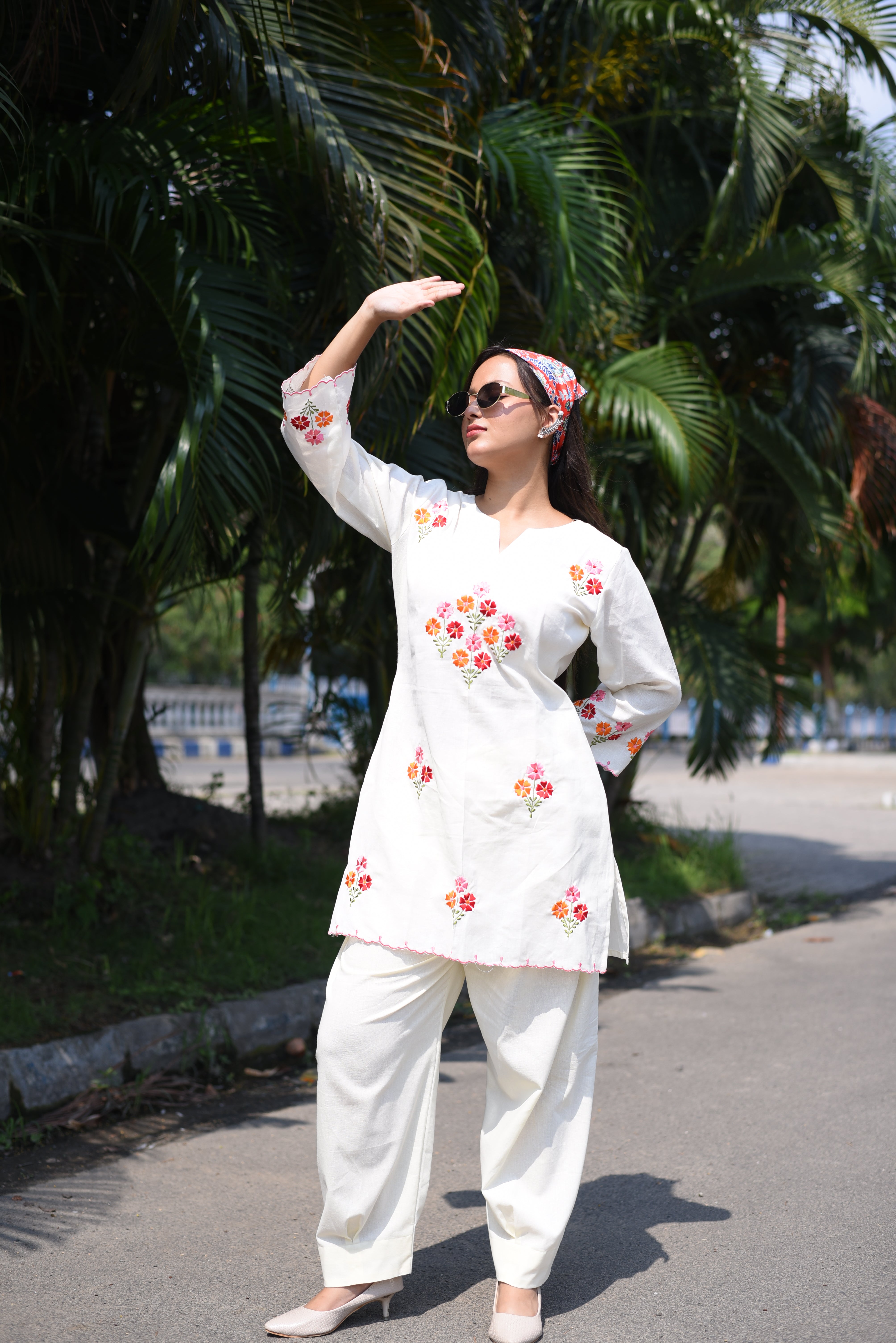 Off White Cotton Embroidered Farshi Co-ord Sets