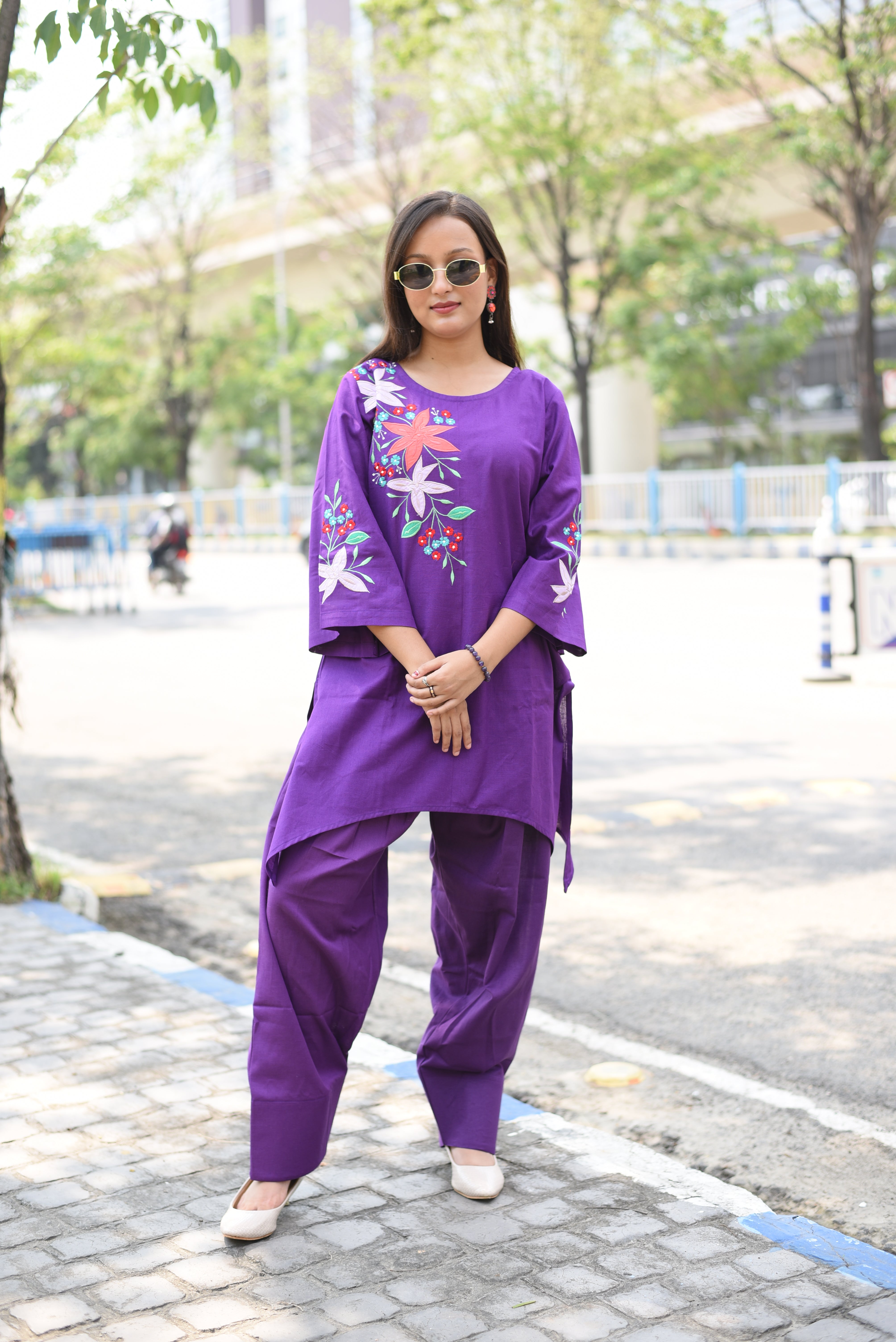 Purple Applique Embroidered Cotton Farshi Co-ords Sets
