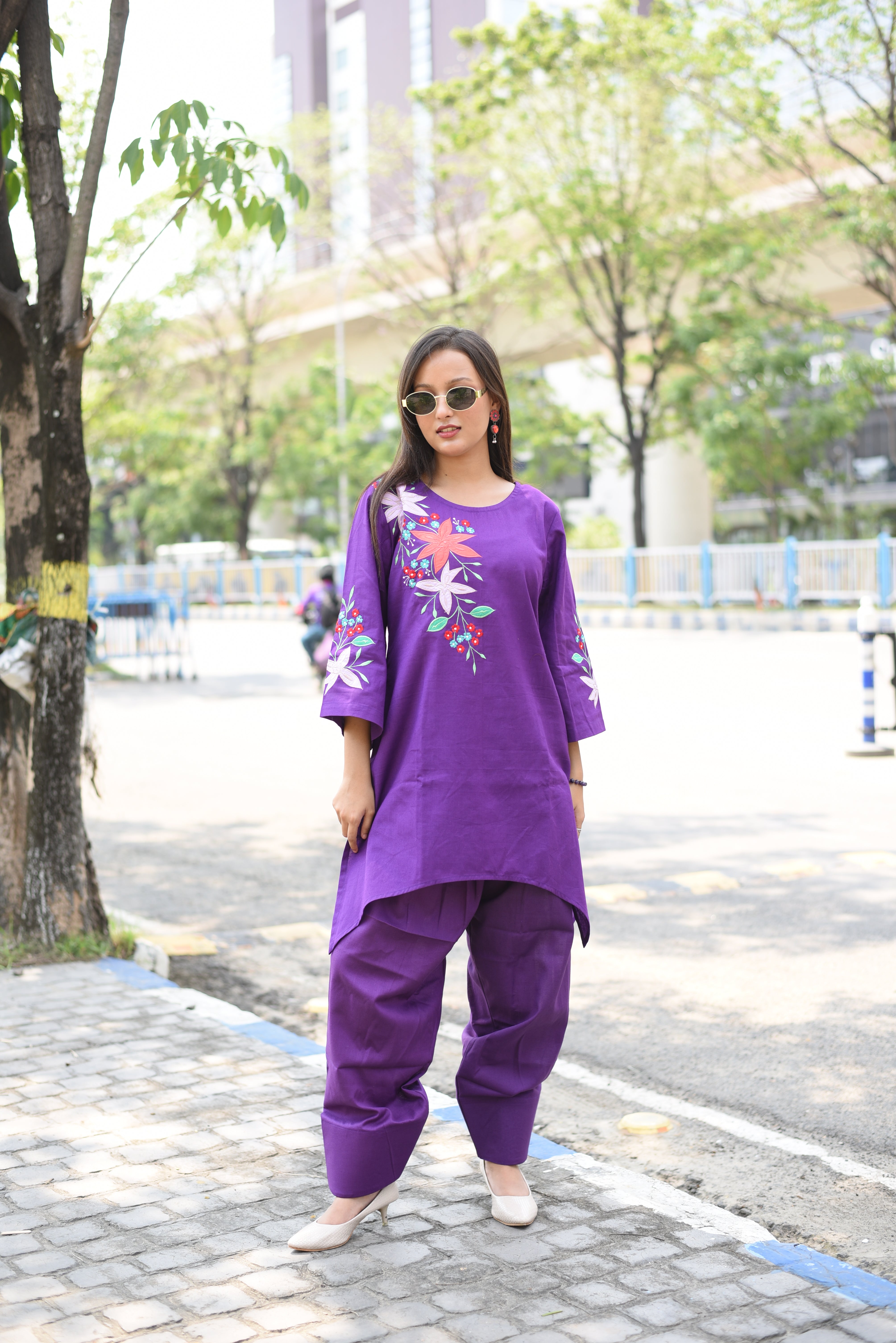 Purple Applique Embroidered Cotton Farshi Co-ords Sets