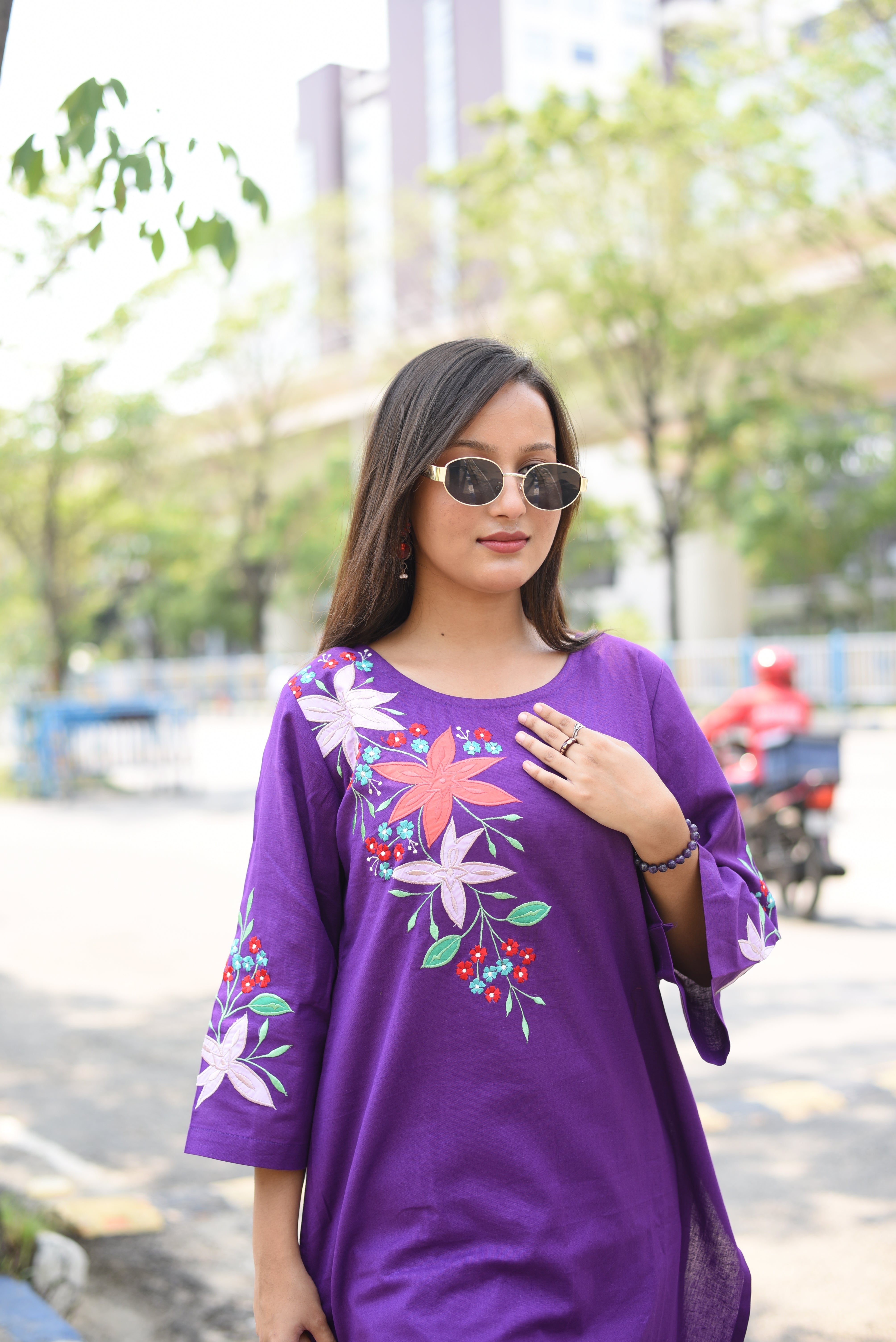 Purple Applique Embroidered Cotton Farshi Co-ords Sets