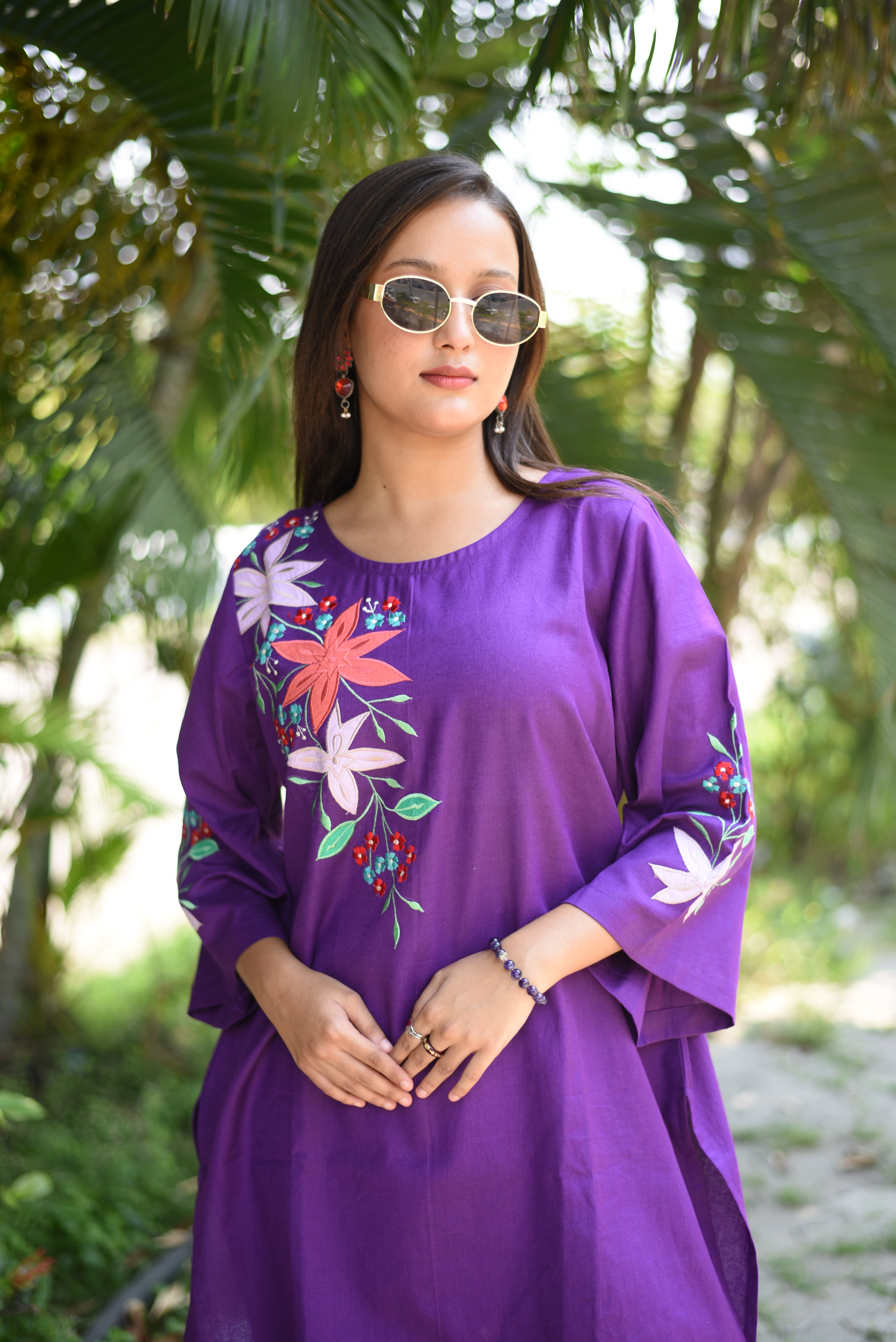 Purple Applique Embroidered Cotton Farshi Co-ords Sets
