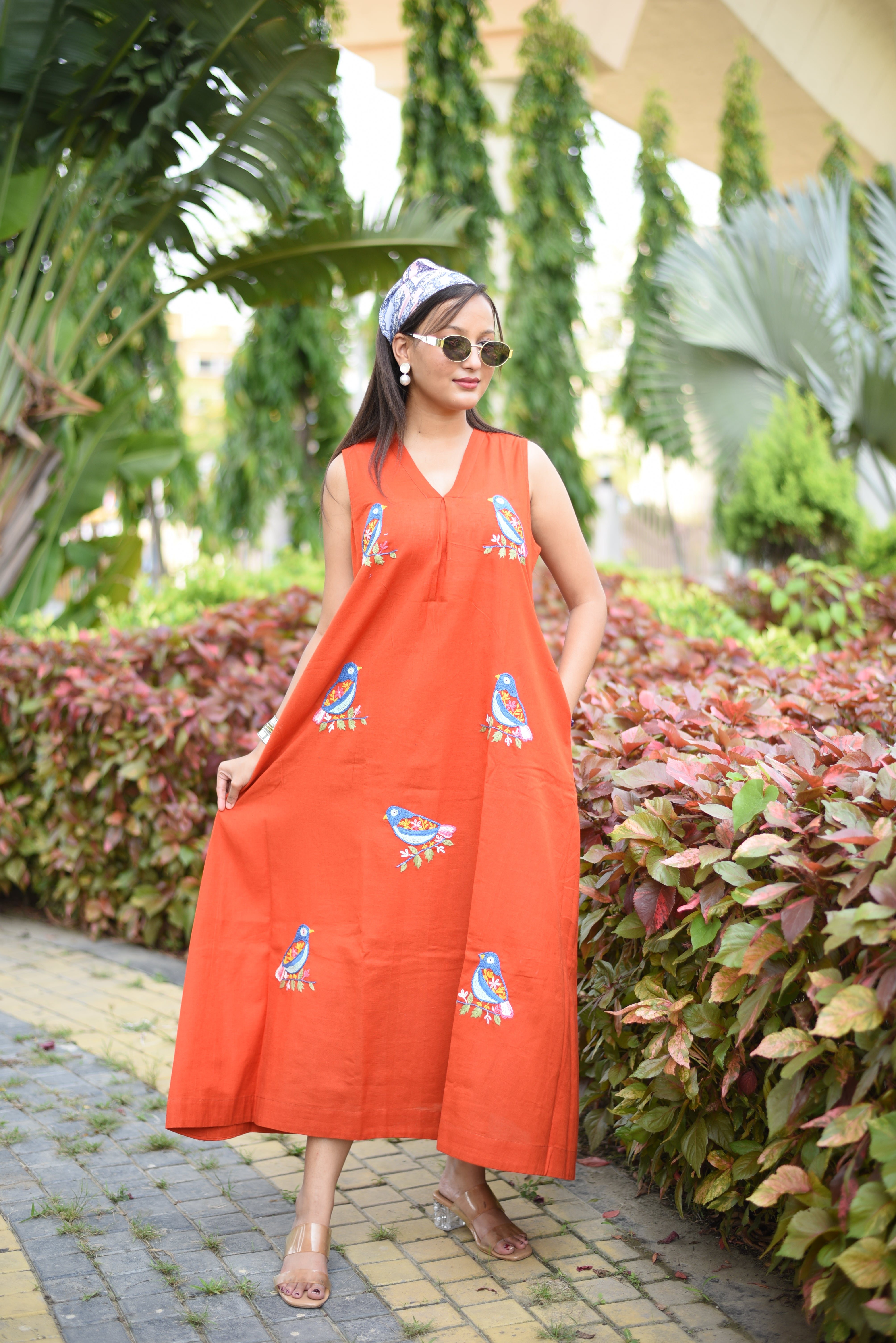 Rust Hand Embroudered Cotton Dress