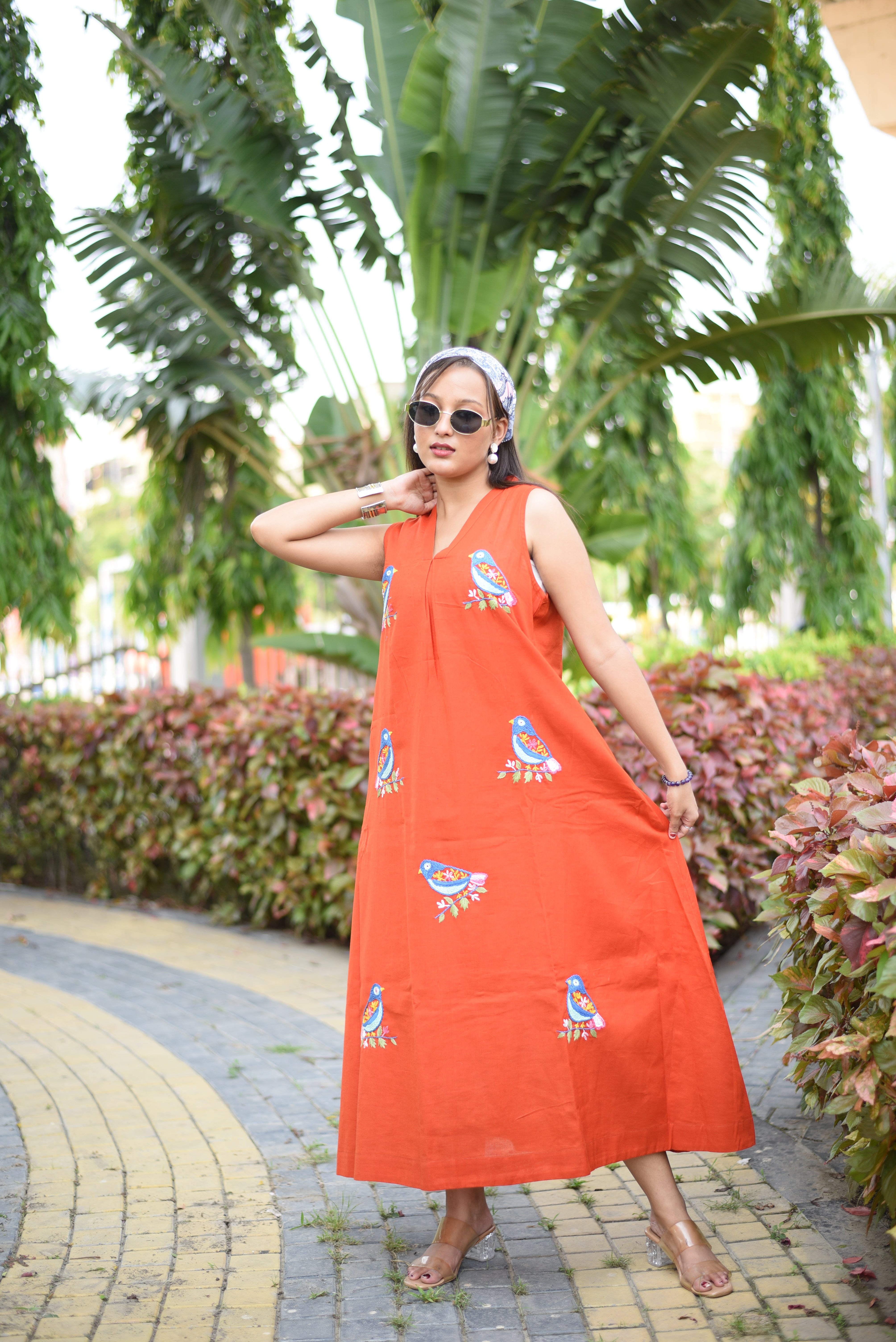 Rust Hand Embroudered Cotton Dress