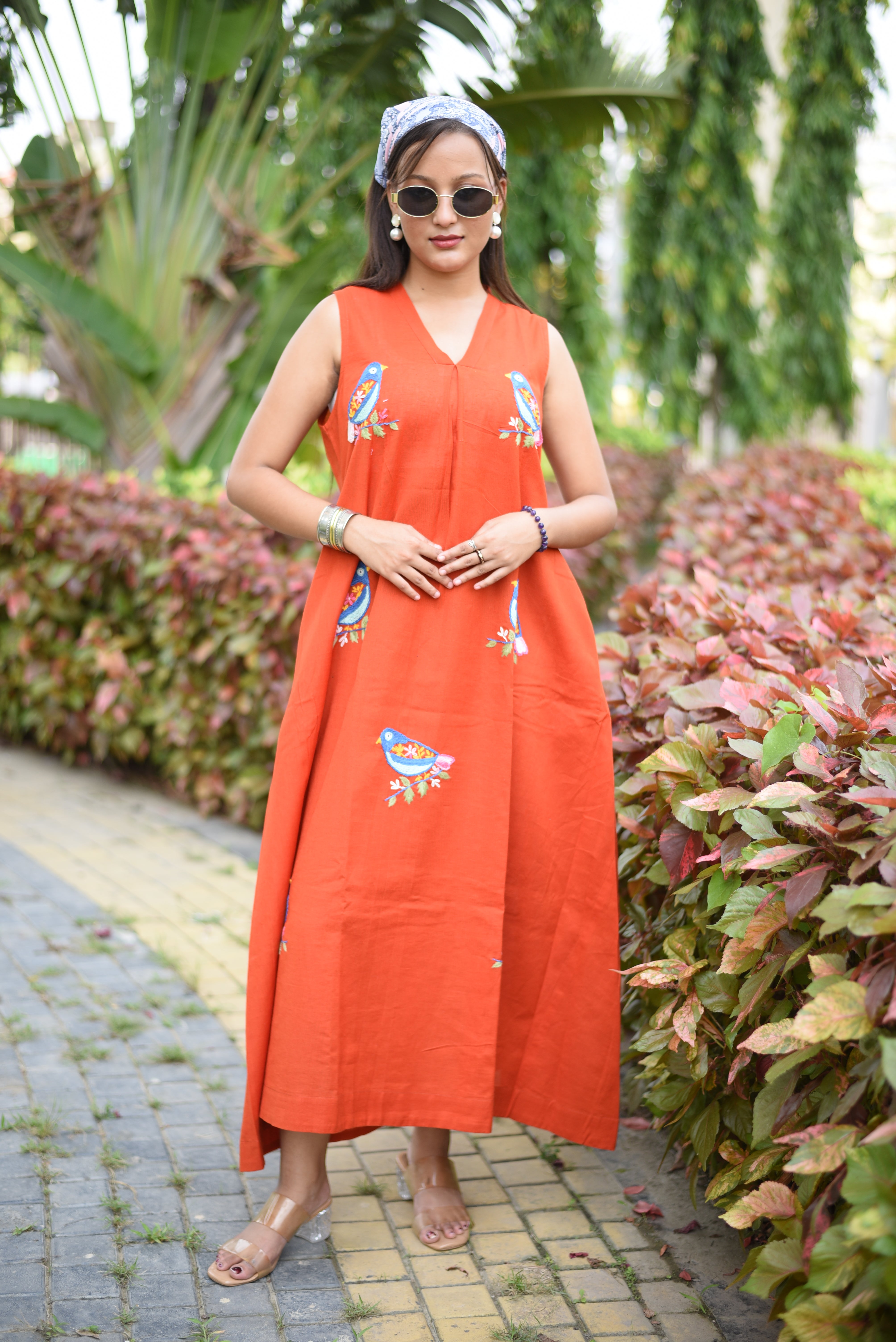 Rust Hand Embroudered Cotton Dress