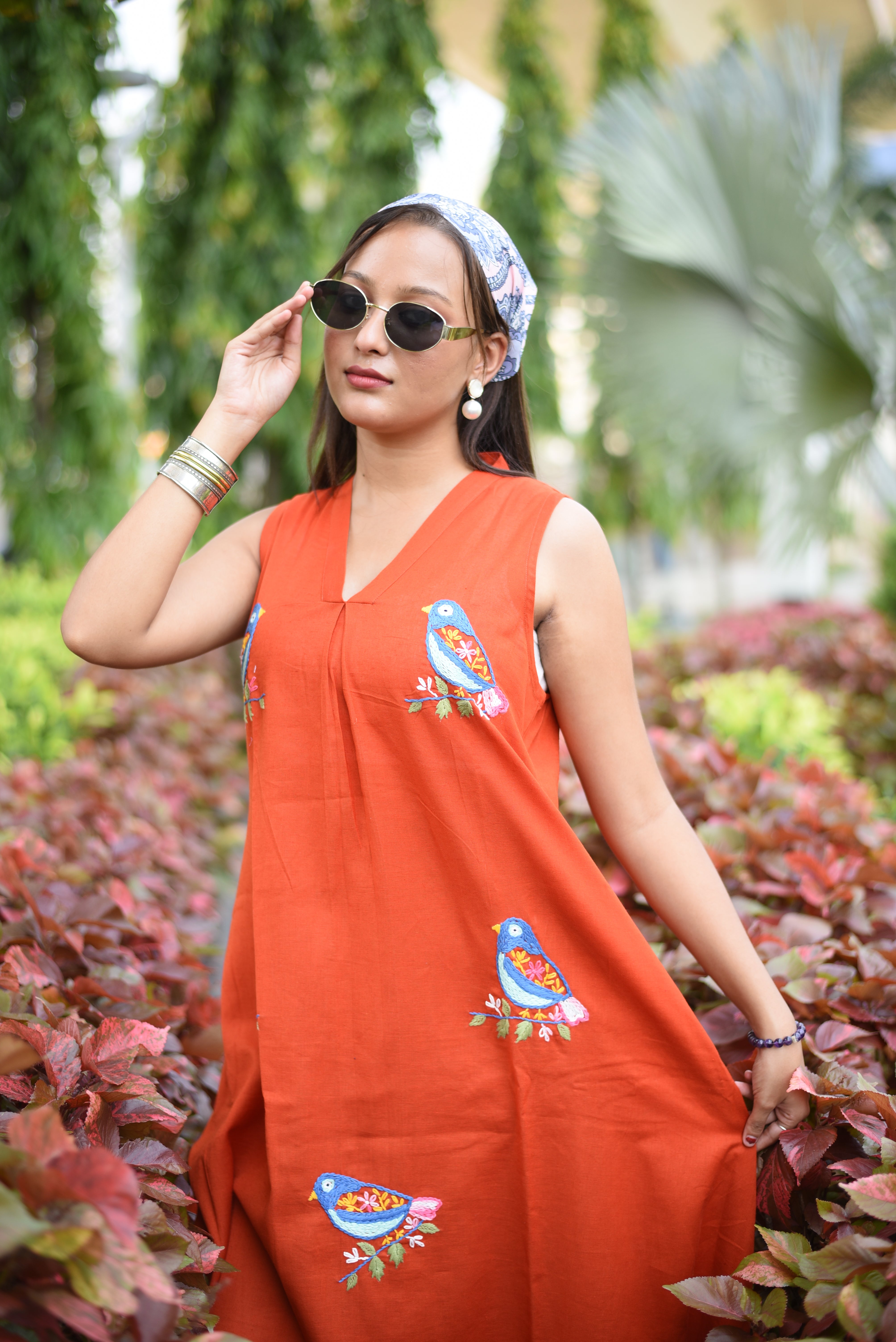 Rust Hand Embroudered Cotton Dress