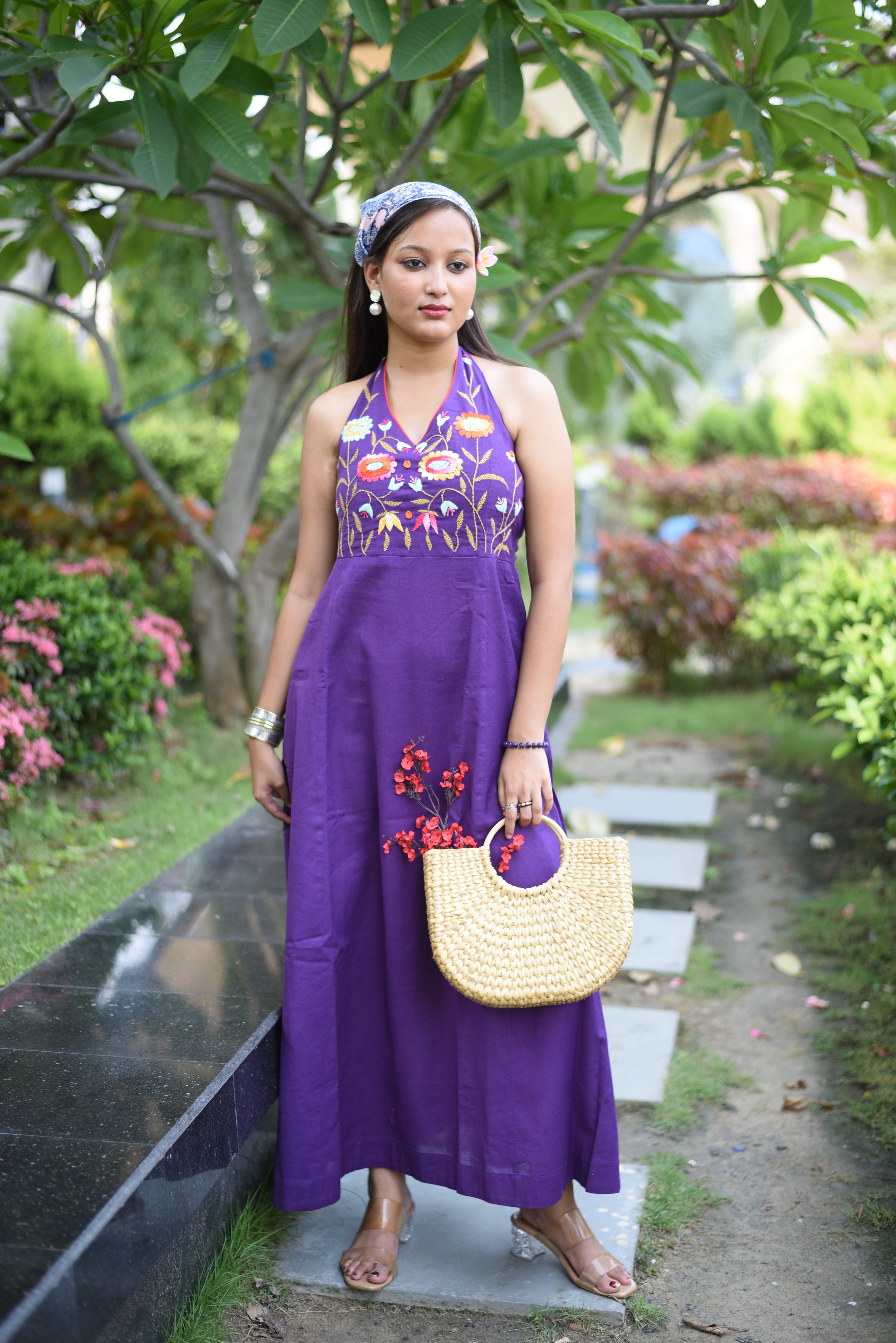 Purple Floral Hand Embroidered Cotton Dress
