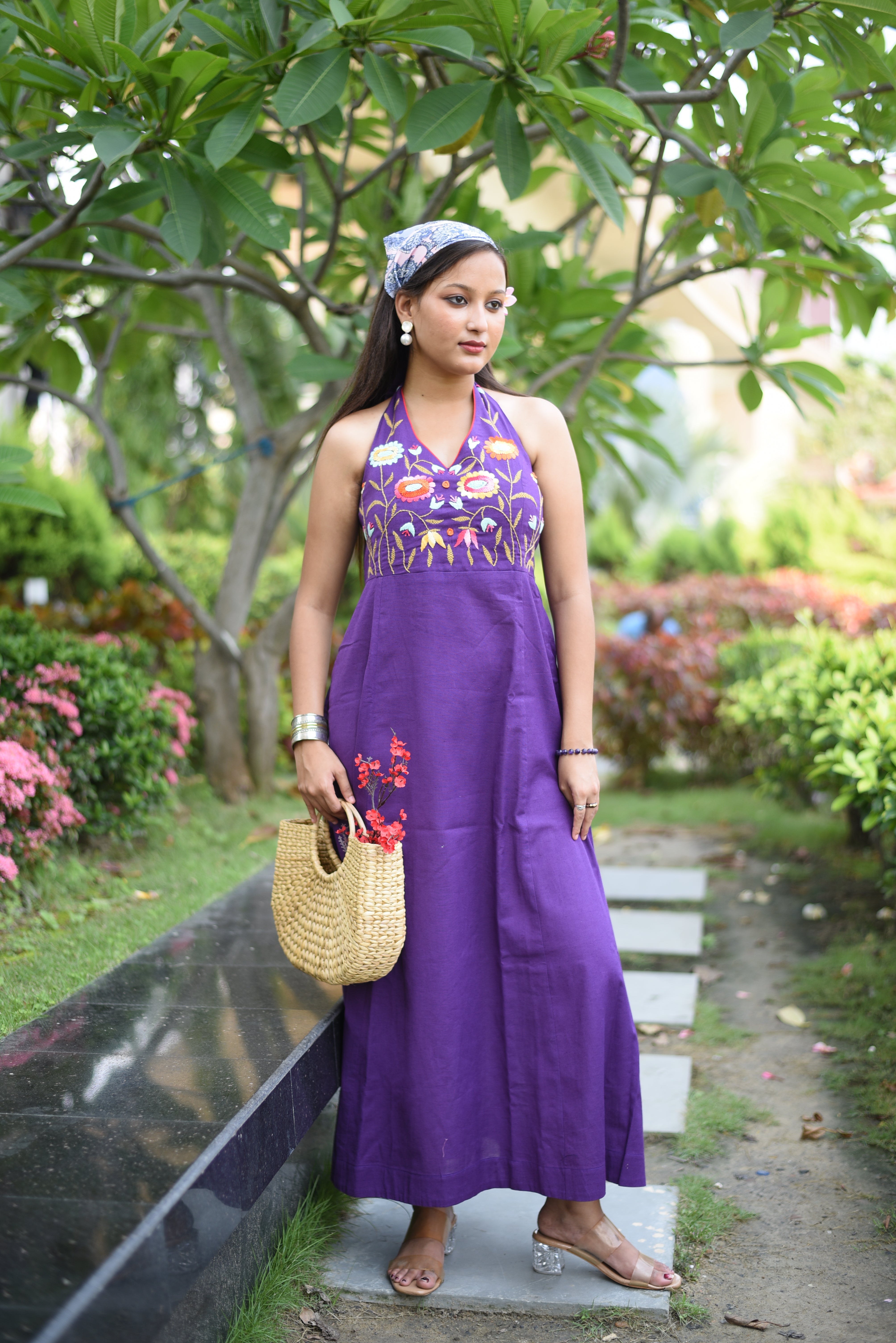 Purple Floral Hand Embroidered Cotton Dress