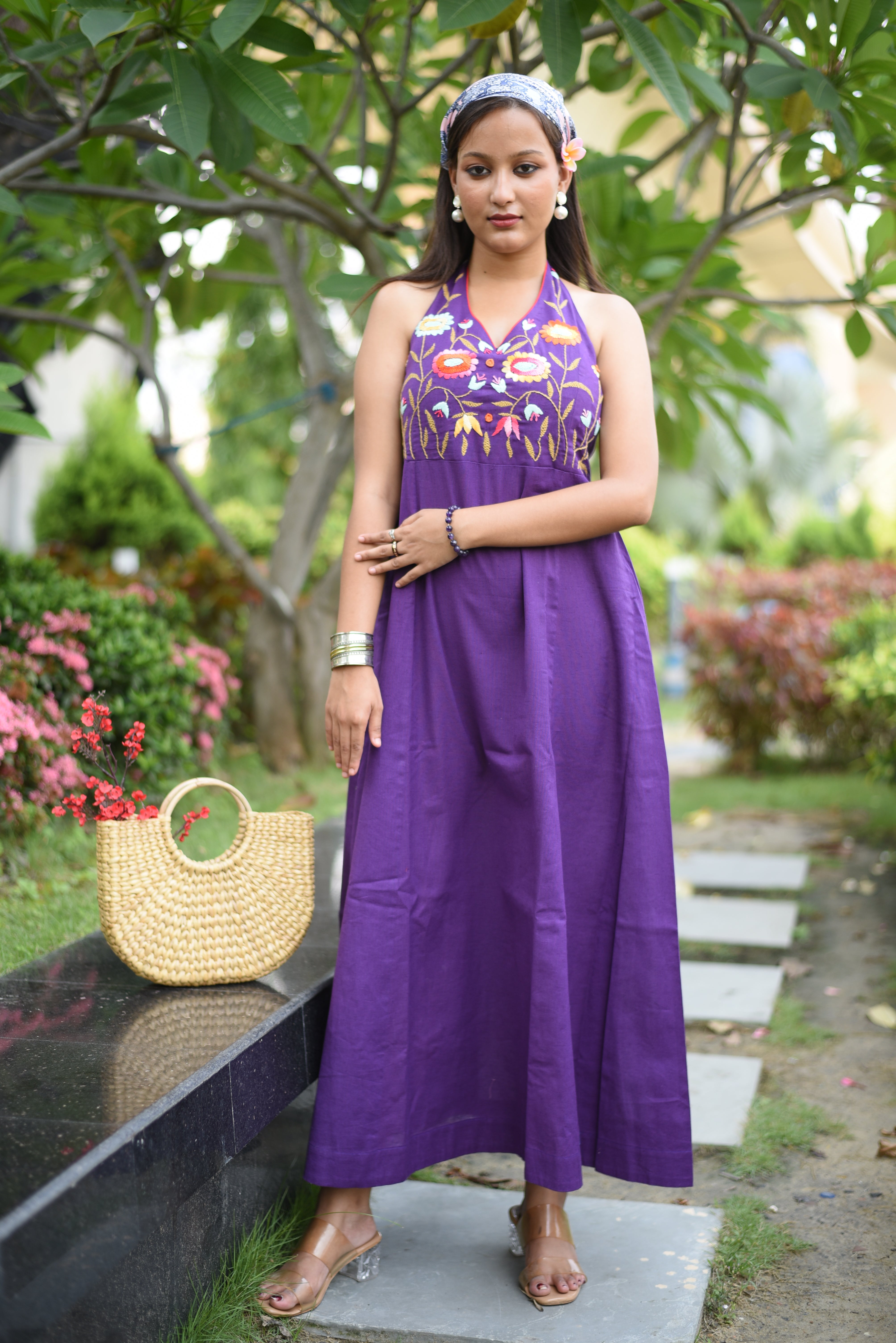 Purple Floral Hand Embroidered Cotton Dress