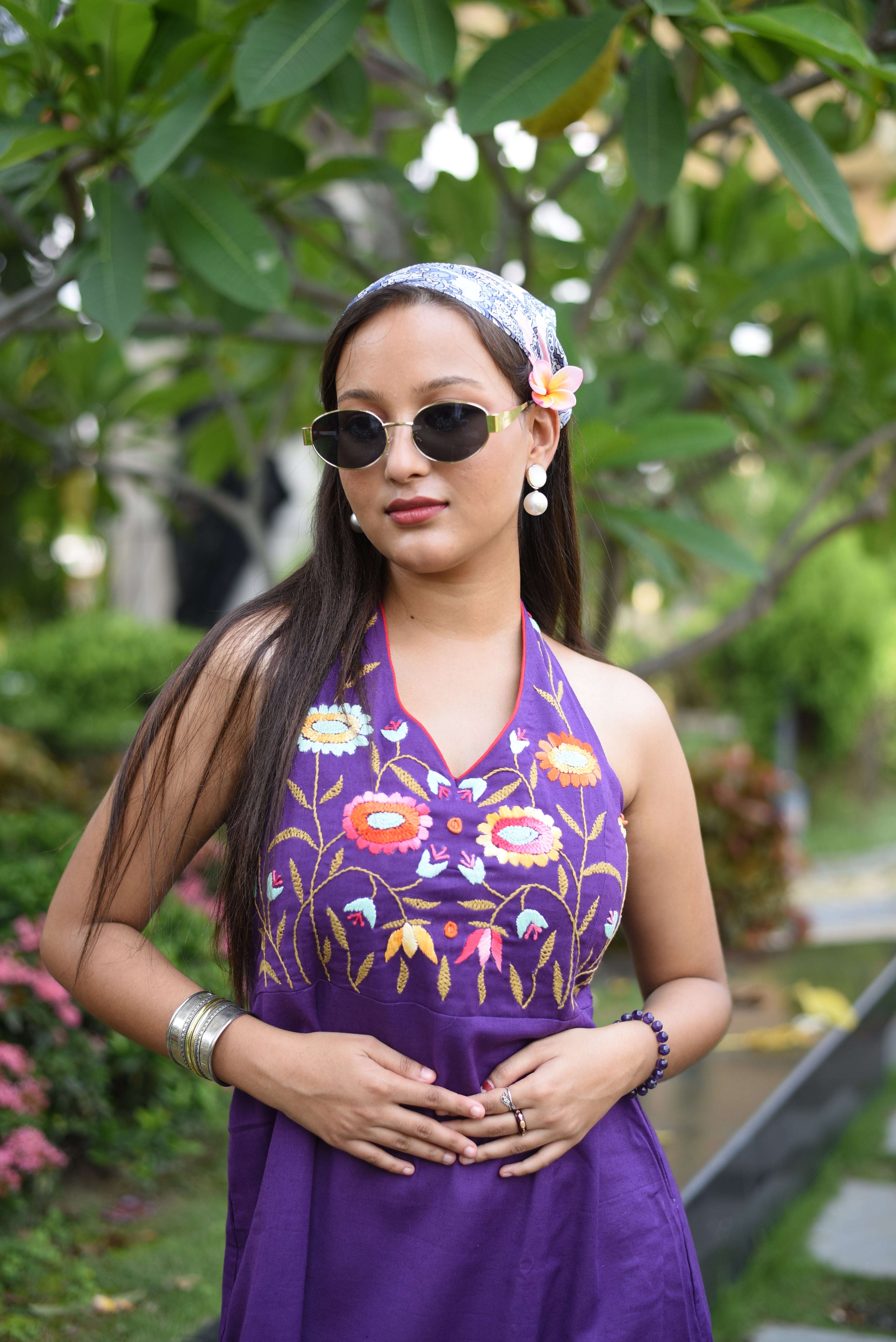 Purple Floral Hand Embroidered Cotton Dress