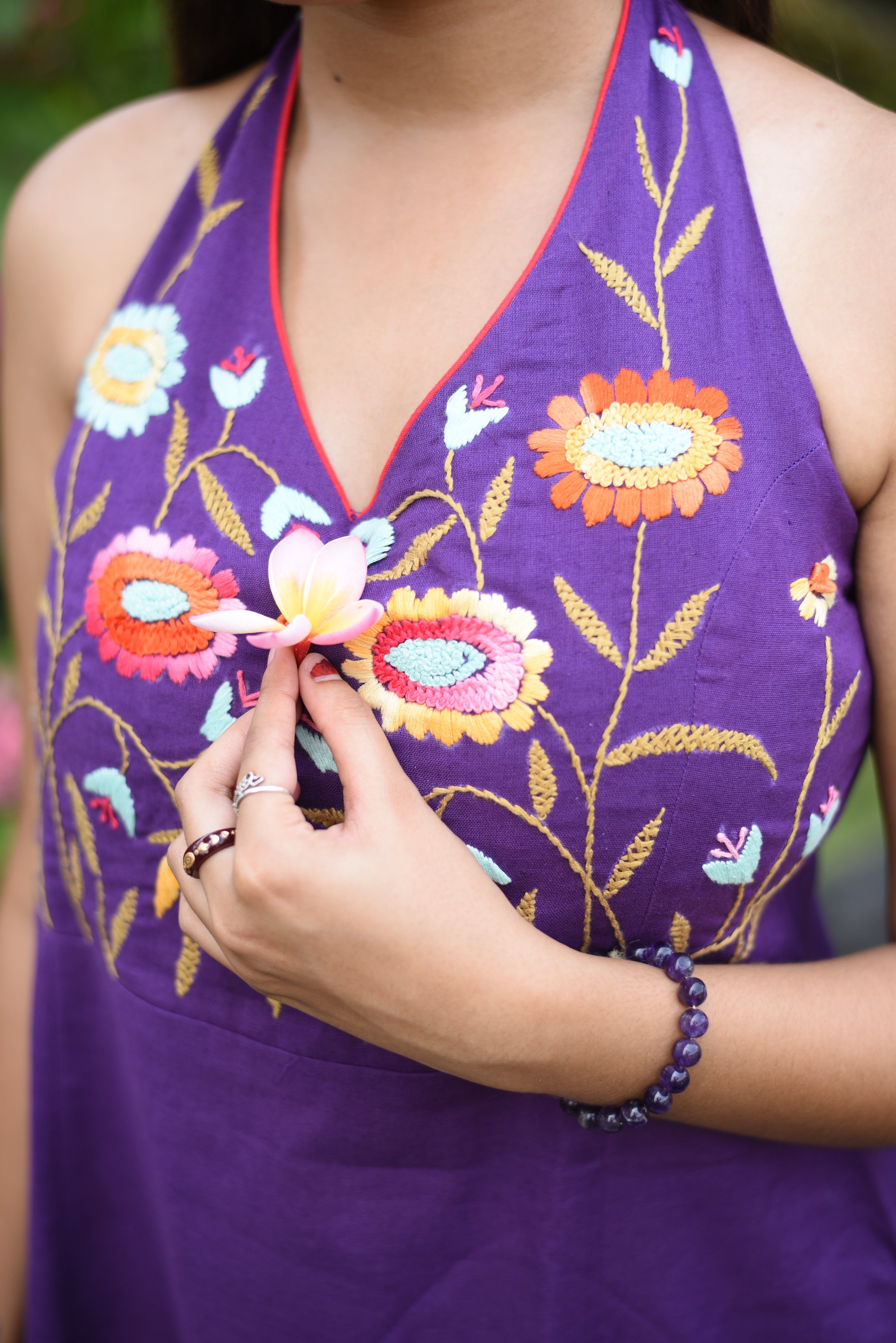 Purple Floral Hand Embroidered Cotton Dress