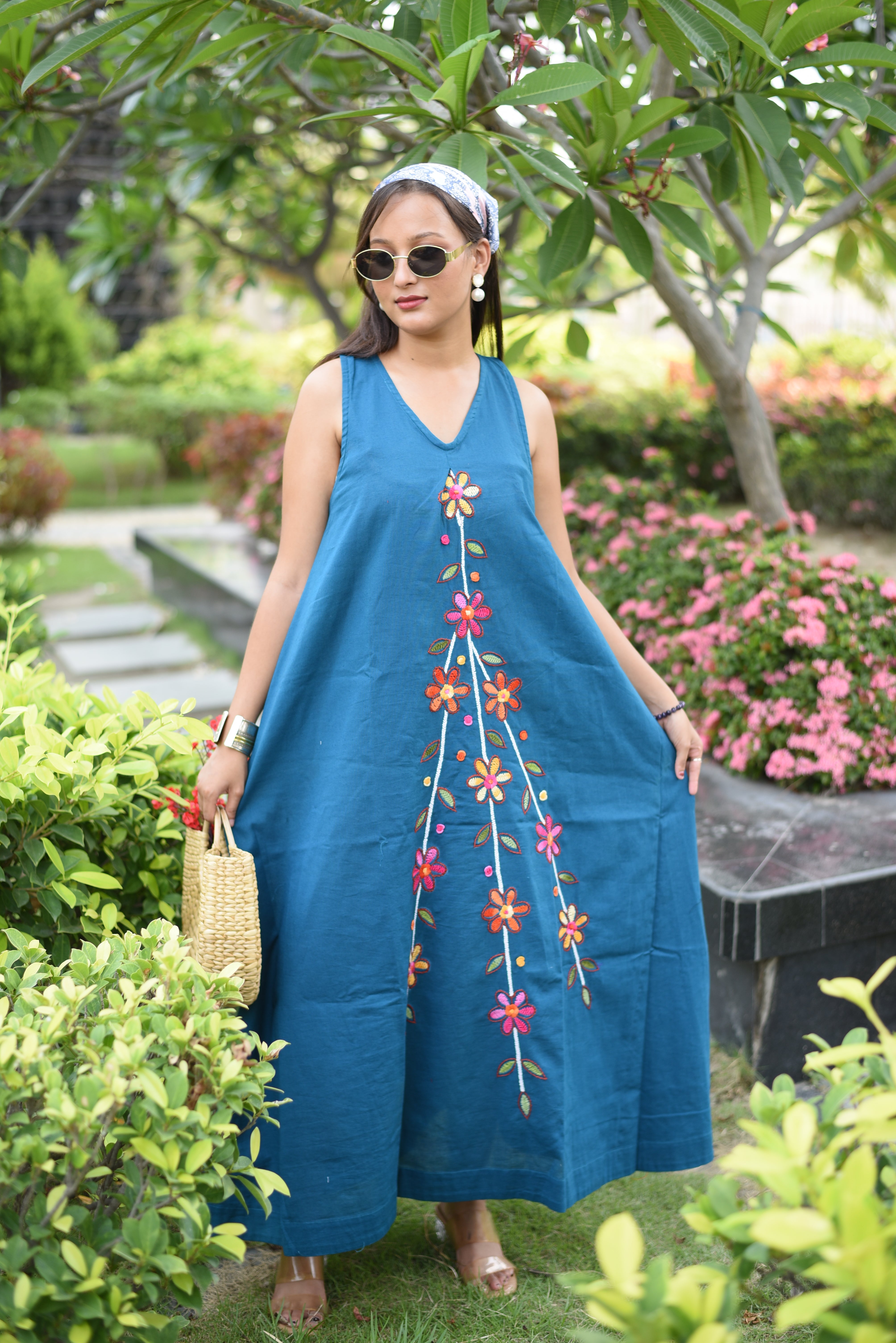 Turquoise Blue Cotton Hand Embroidered Dress