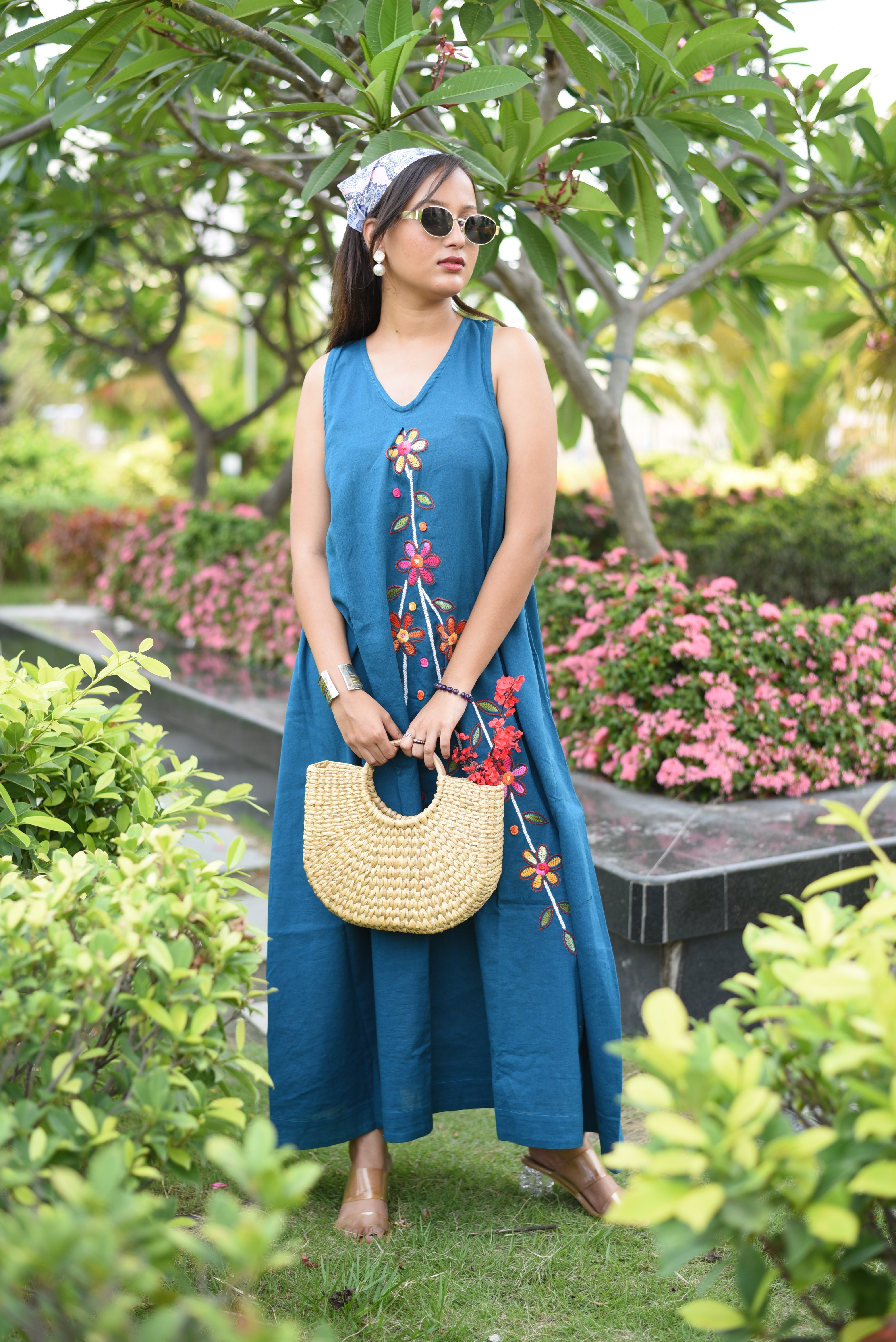 Turquoise Blue Cotton Hand Embroidered Dress