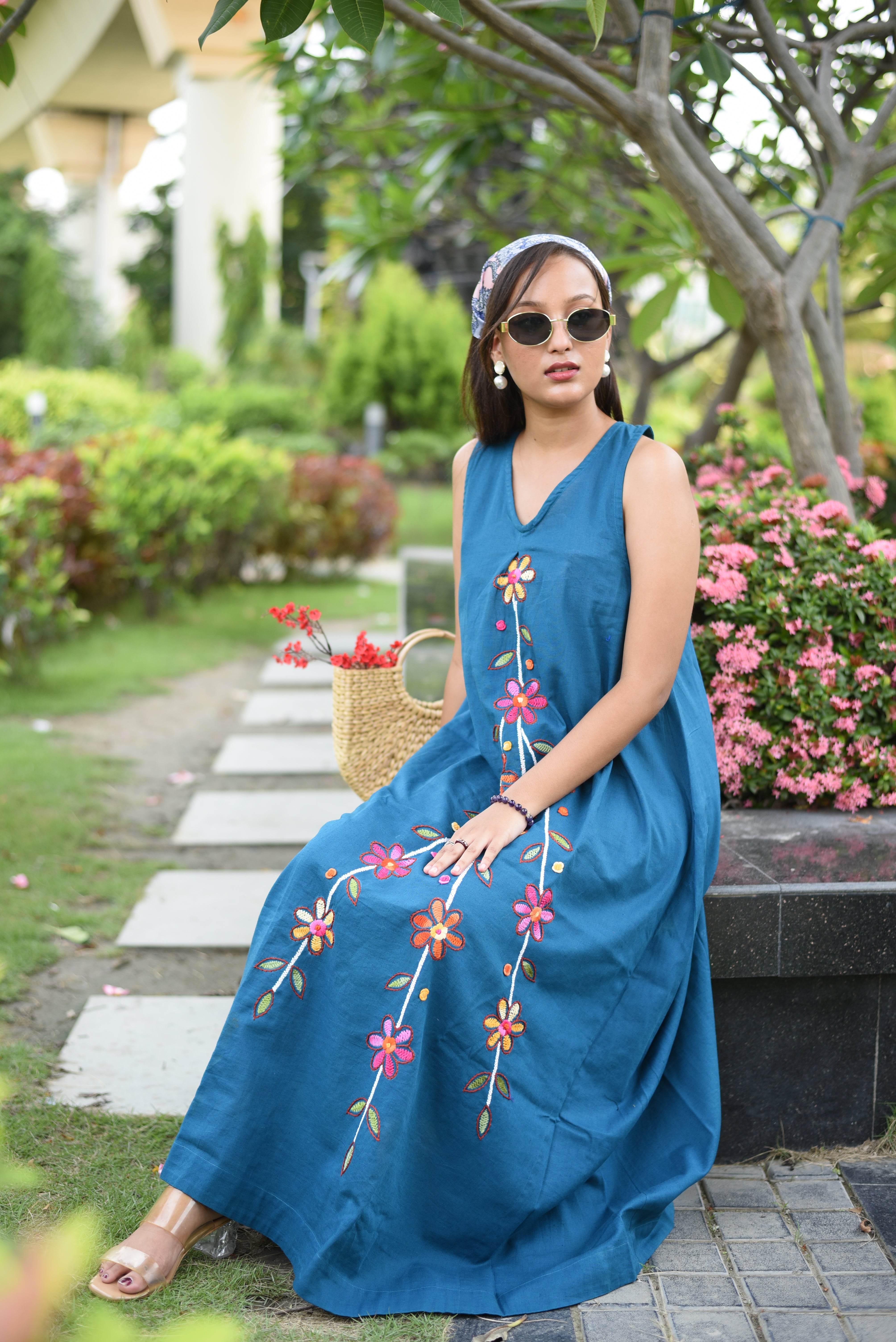 Turquoise Blue Cotton Hand Embroidered Dress