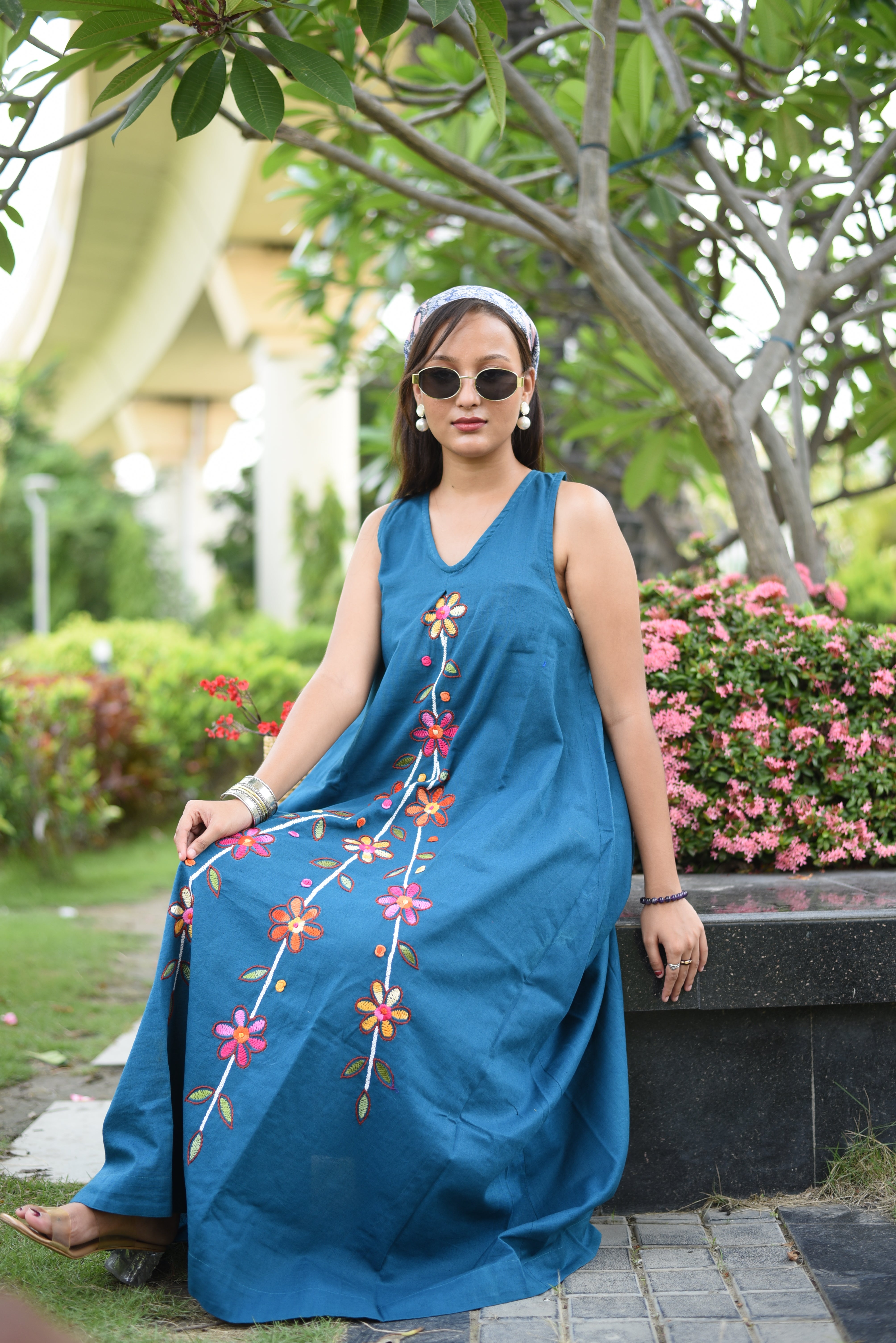 Turquoise Blue Cotton Hand Embroidered Dress