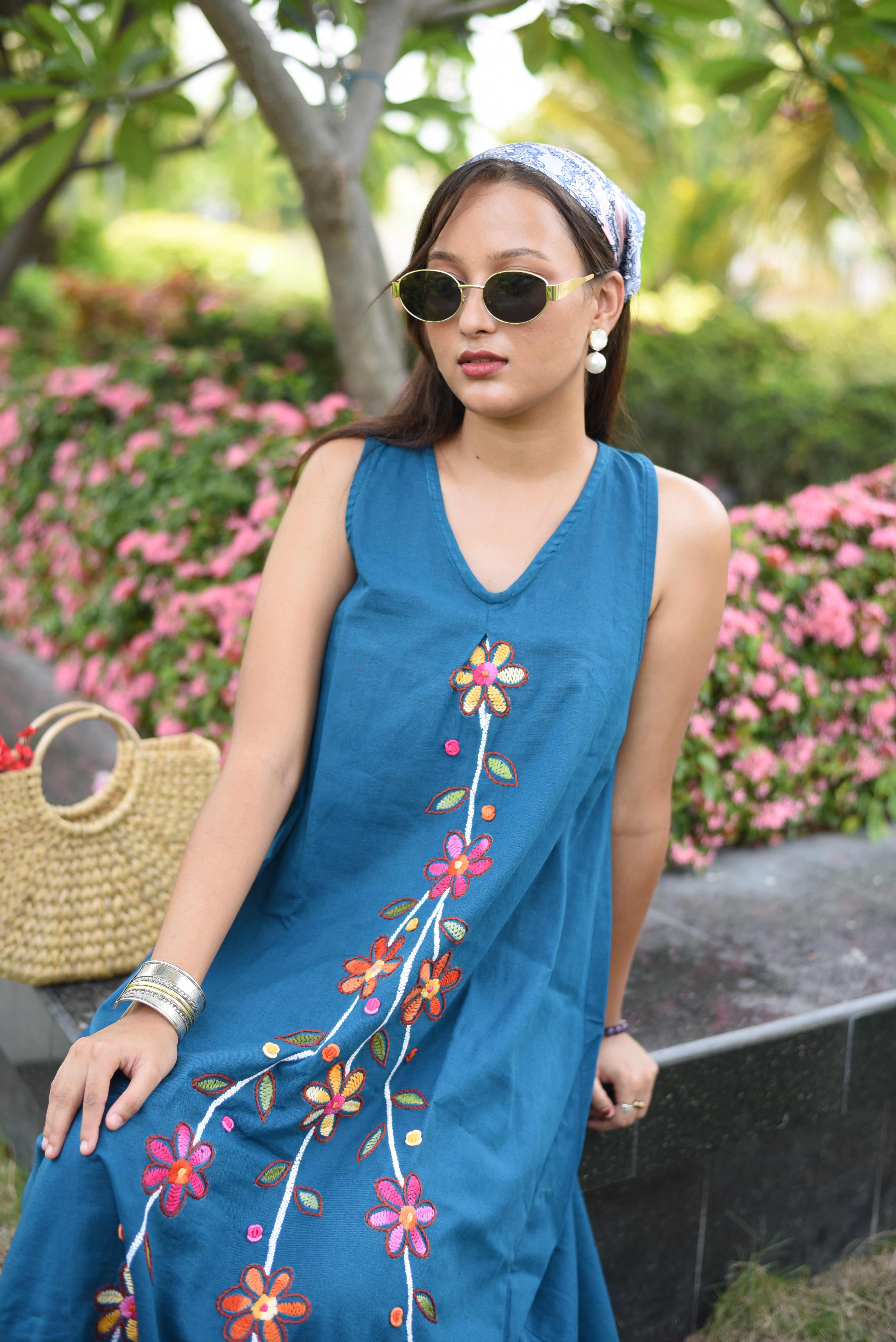 Turquoise Blue Cotton Hand Embroidered Dress