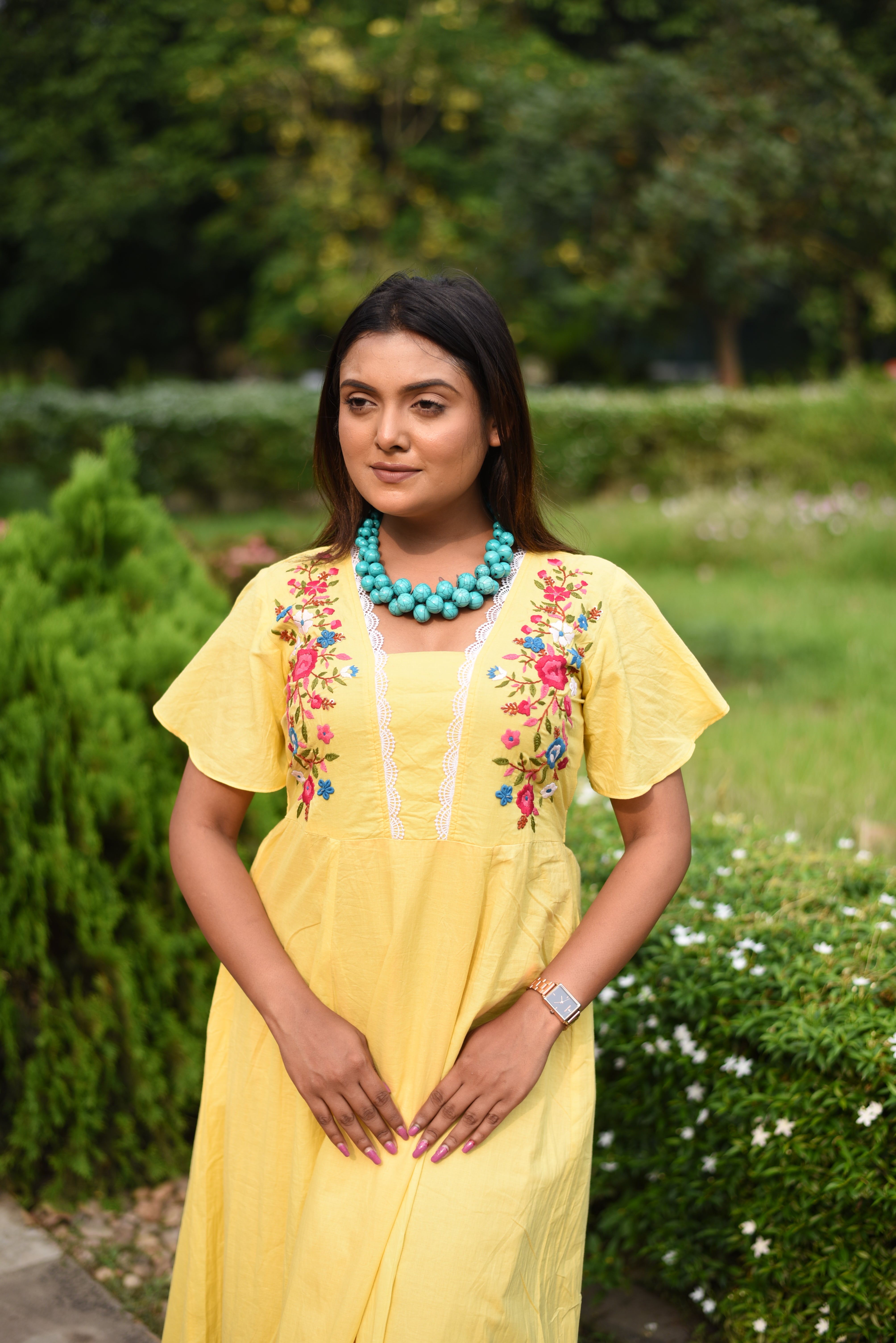 Hand Embroidered Yellow Cotton Dress